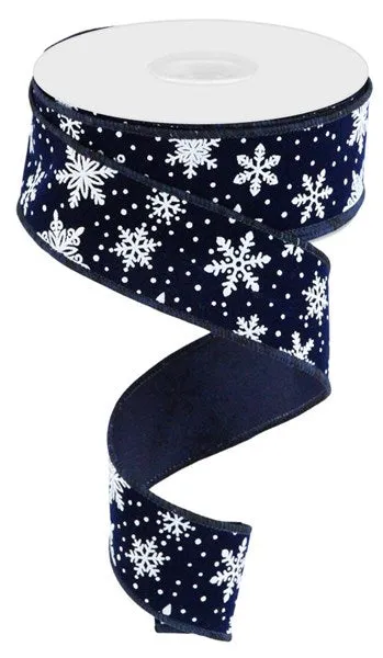 1.5"x10yd Mini Snowflake On Velvet, Navy Blue/White  FB2