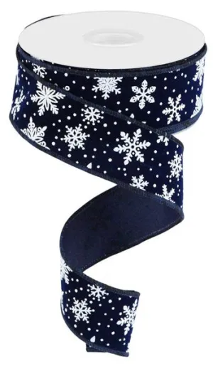 1.5"x10yd Mini Snowflake On Velvet, Navy Blue/White  FB2