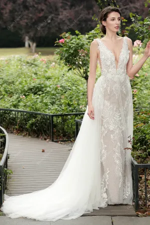 2-in-1 Beaded Floral Lace Mermaid Modern Overskirt Wedding Dress