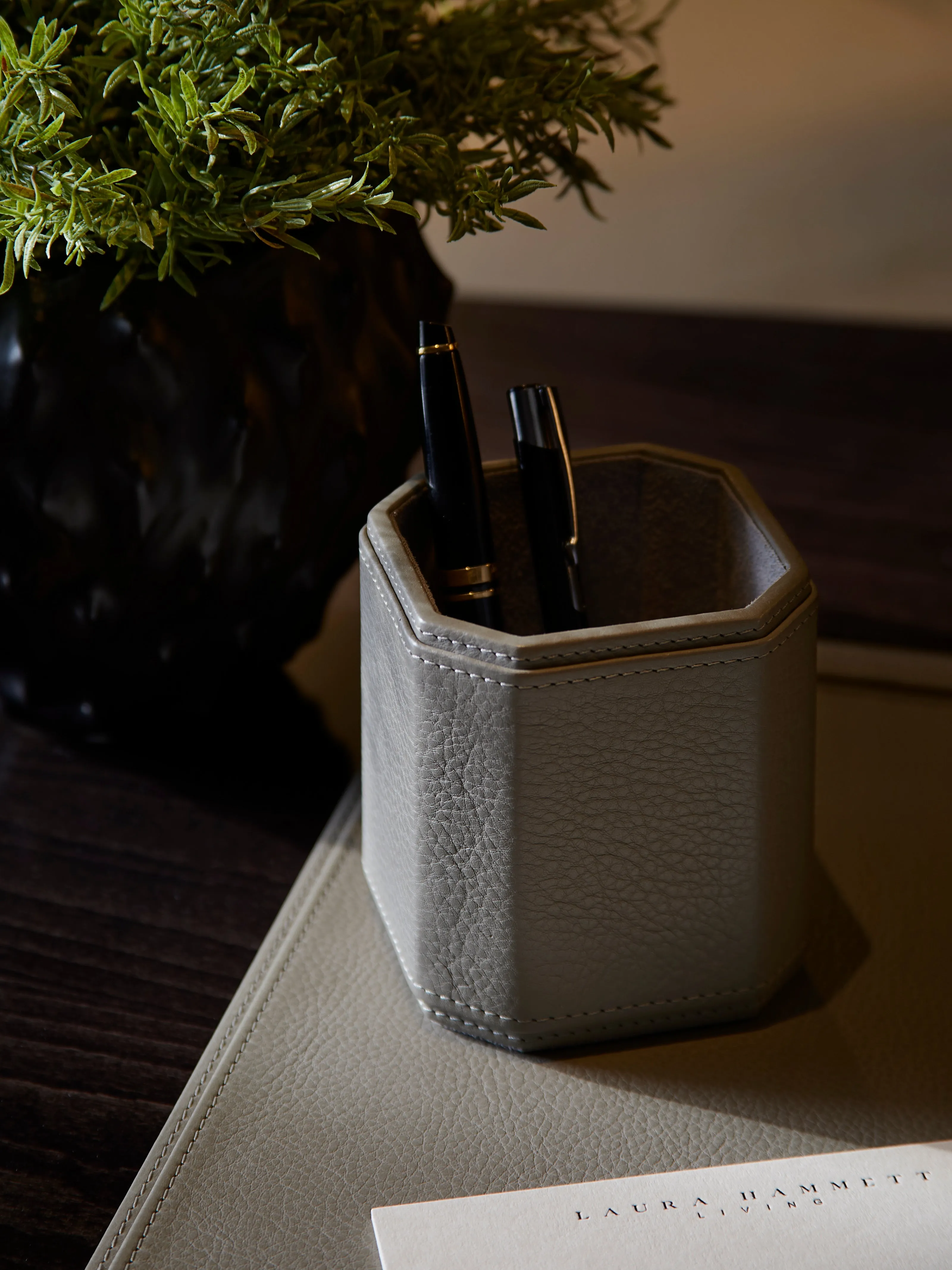 Stylish Smoke Adler Leather Pen Pot - Elegant Desk Organizer for Office & Home