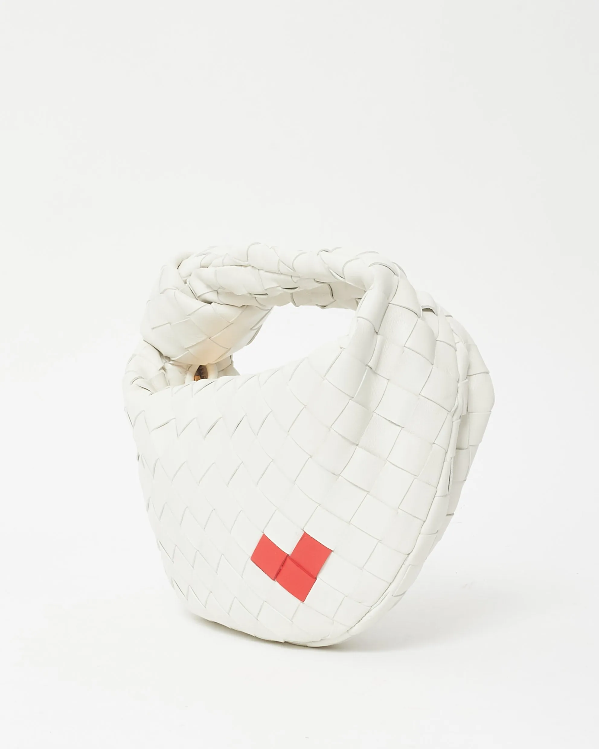 Bottega Veneta White Intrecciato Leather W/ Red Heart Mini Jodie