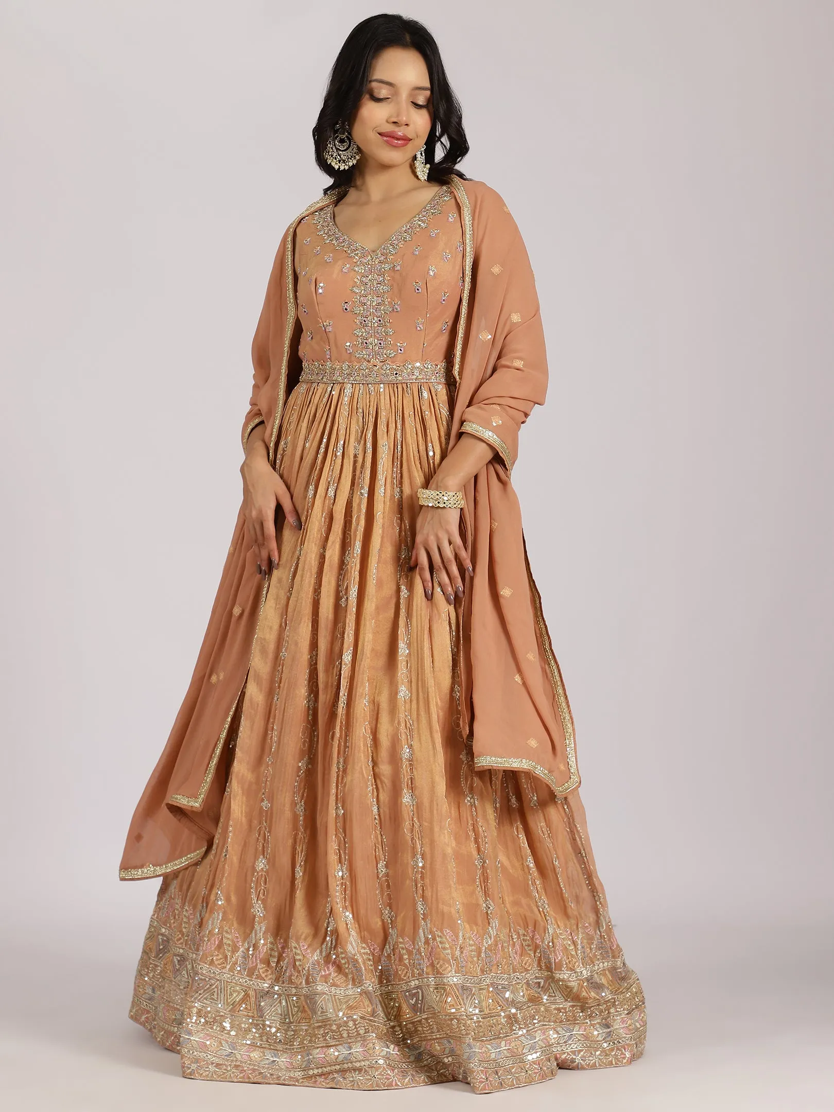 Caramel Gold Embroidered Anarkali Gown with Mirror Work Hemline