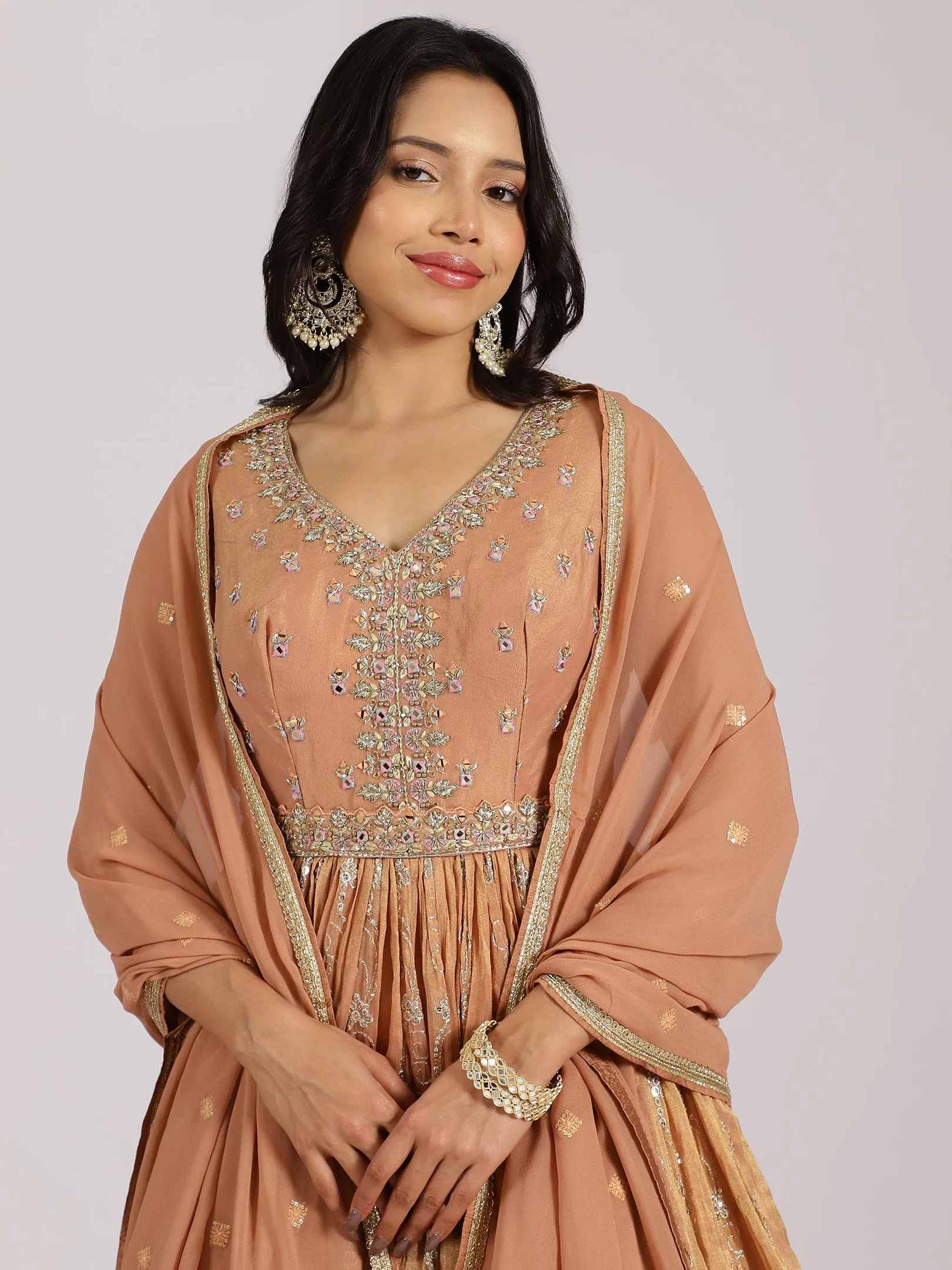 Caramel Gold Embroidered Anarkali Gown with Mirror Work Hemline