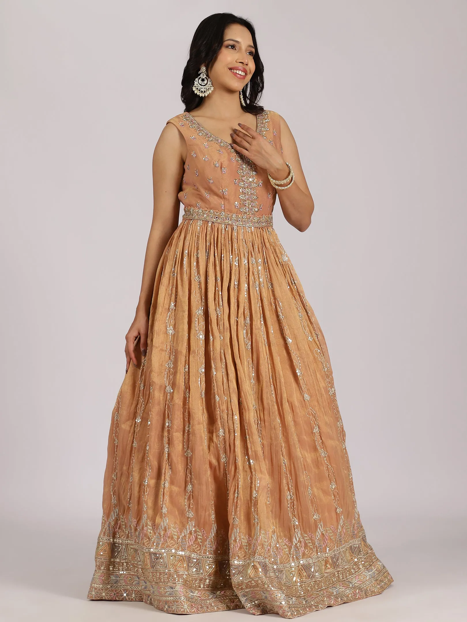 Caramel Gold Embroidered Anarkali Gown with Mirror Work Hemline