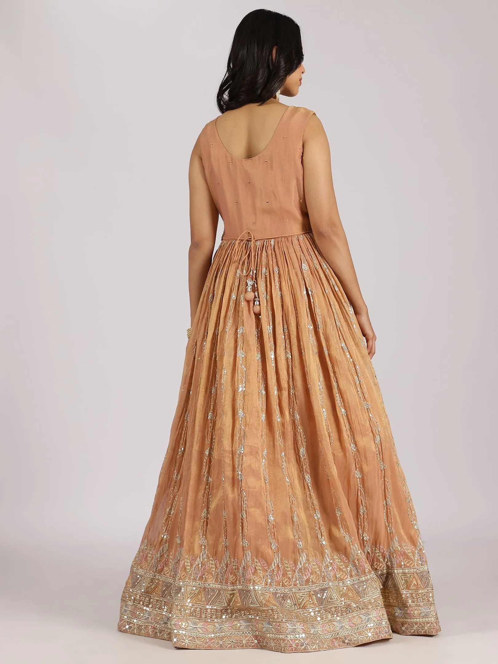 Caramel Gold Embroidered Anarkali Gown with Mirror Work Hemline