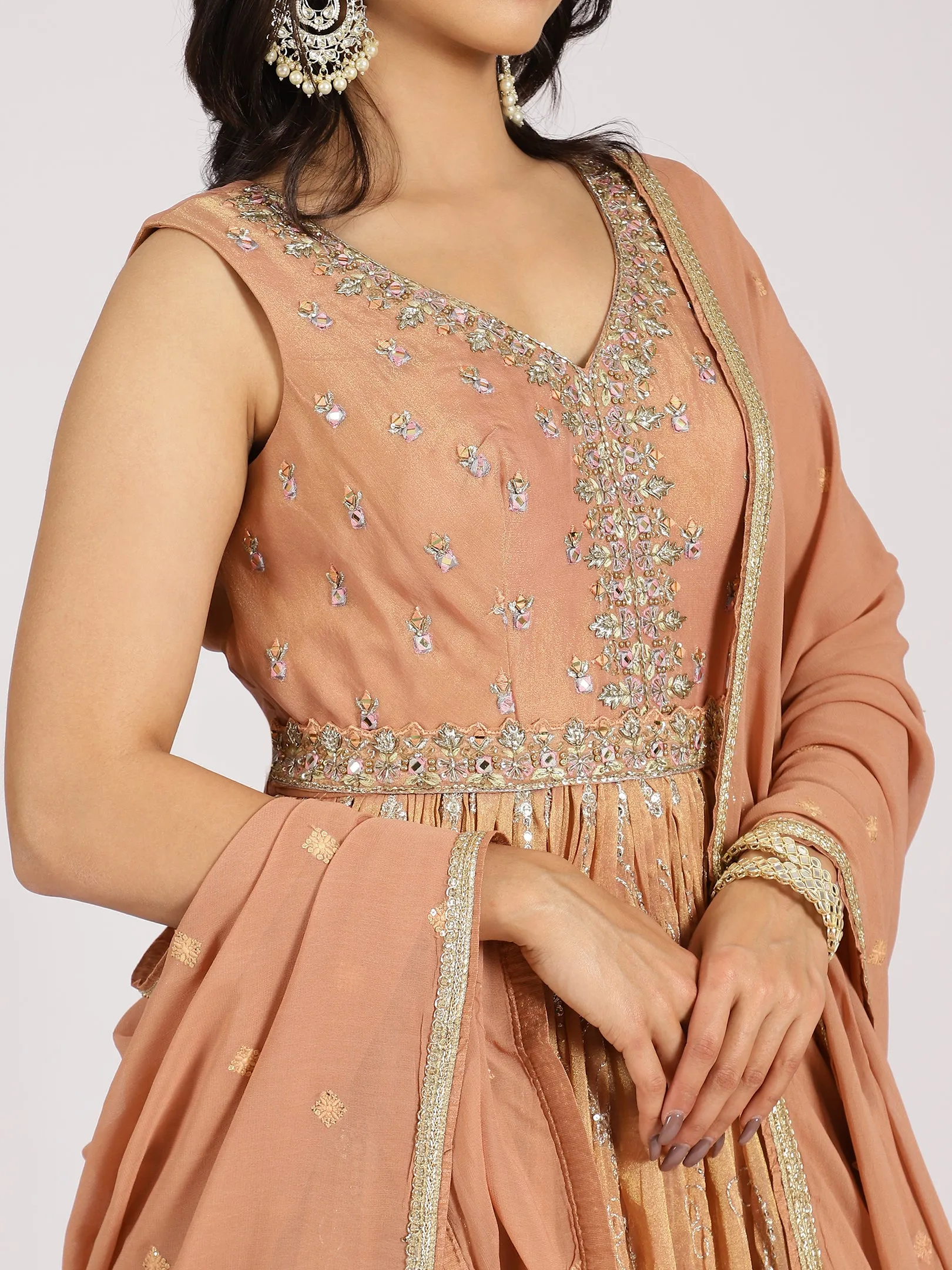 Caramel Gold Embroidered Anarkali Gown with Mirror Work Hemline