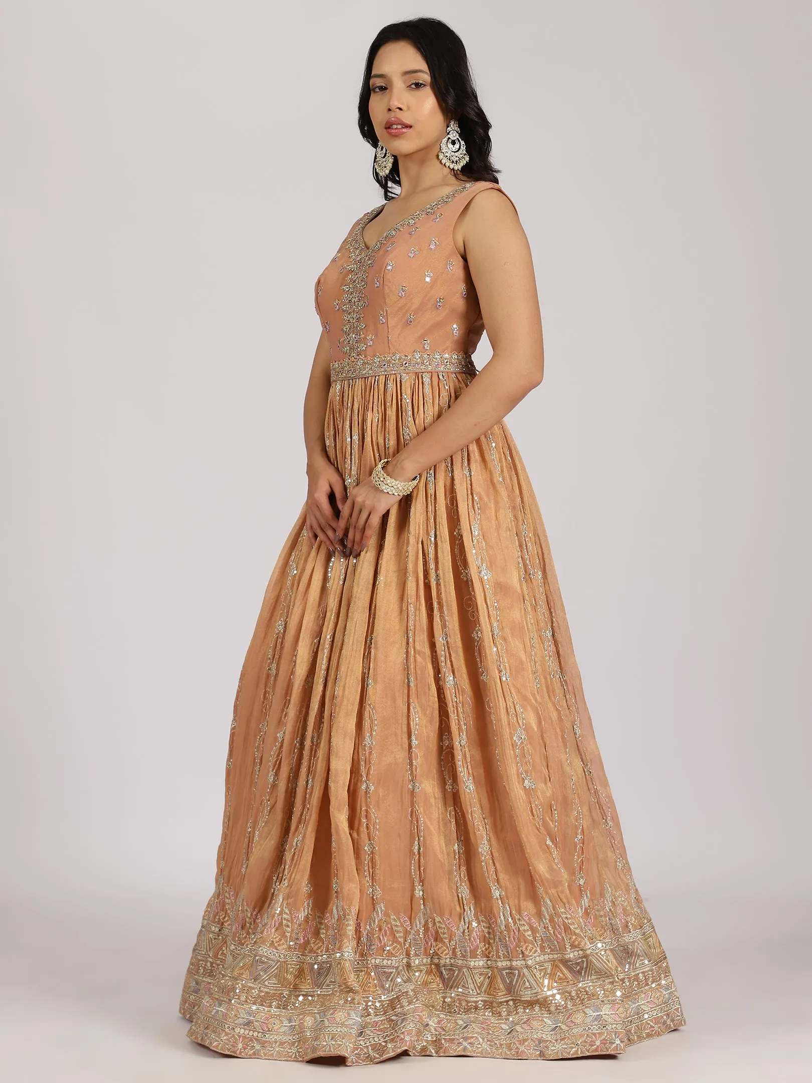 Caramel Gold Embroidered Anarkali Gown with Mirror Work Hemline