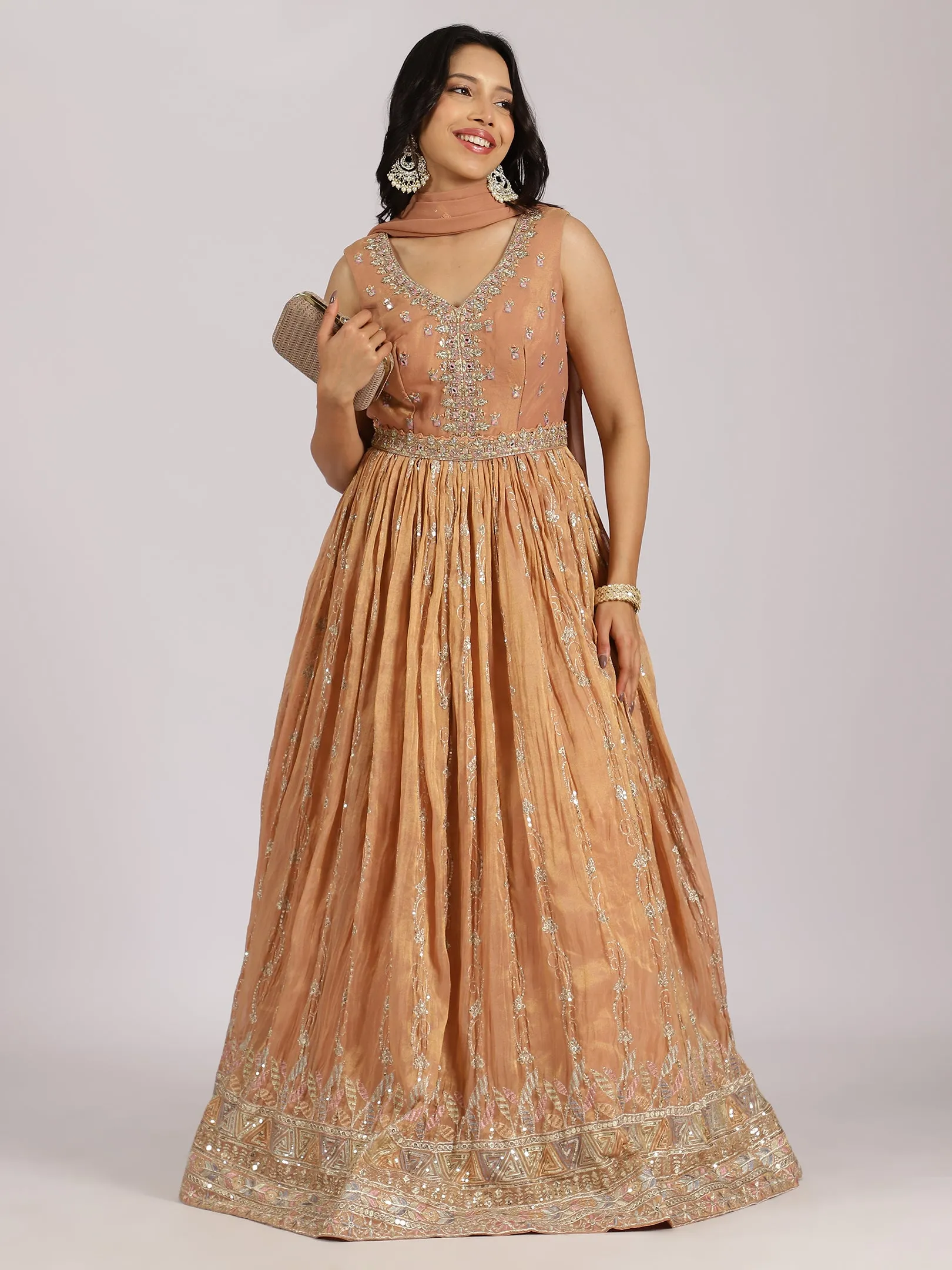 Caramel Gold Embroidered Anarkali Gown with Mirror Work Hemline