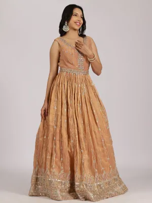 Caramel Gold Embroidered Anarkali Gown with Mirror Work Hemline