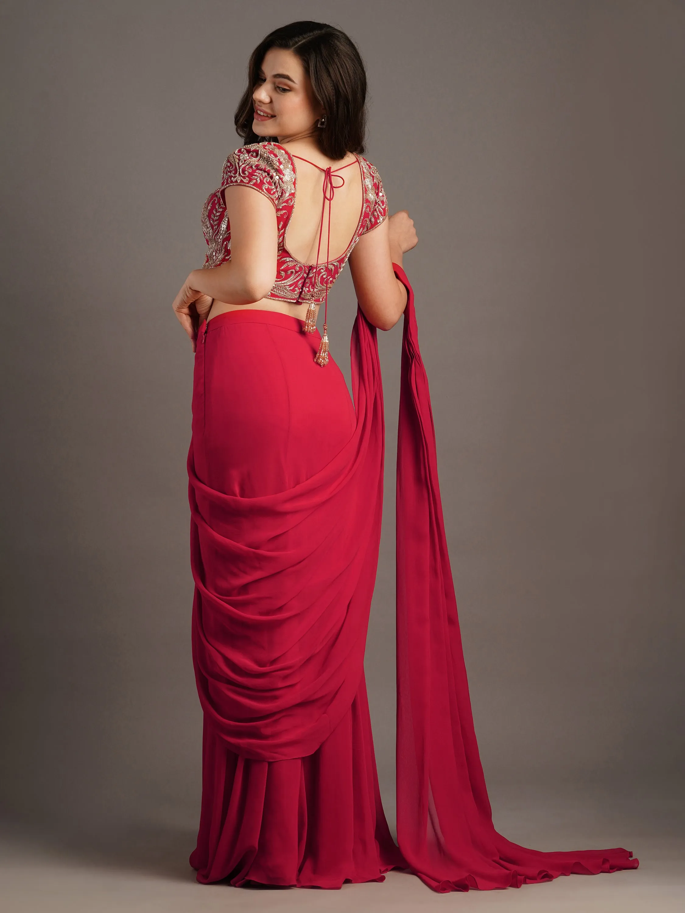 Cherry Red Georgette Makai Round Neck Blouse With Kali Mermaid Georgette Draped Saree And Belt