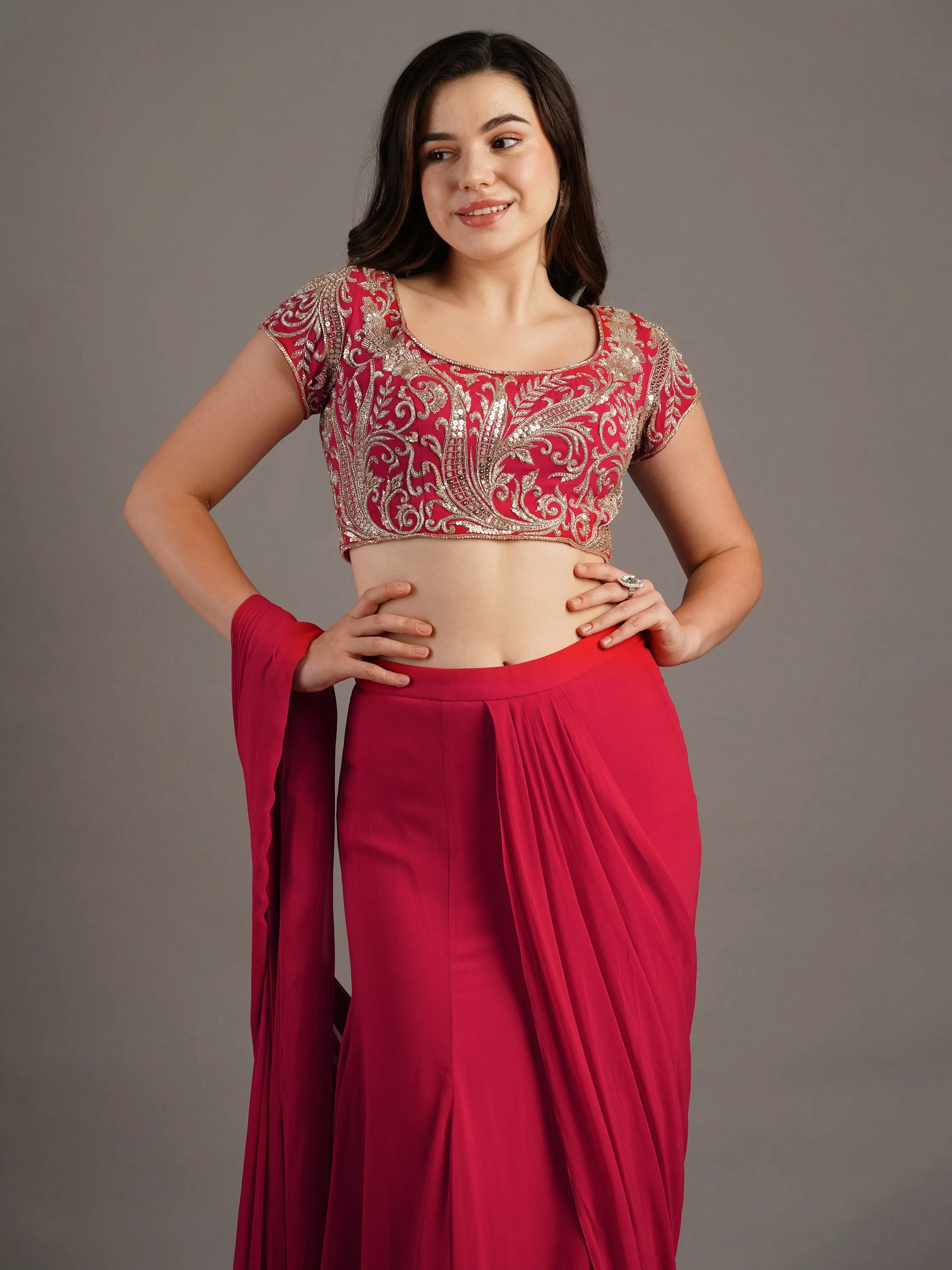 Cherry Red Georgette Makai Round Neck Blouse With Kali Mermaid Georgette Draped Saree And Belt