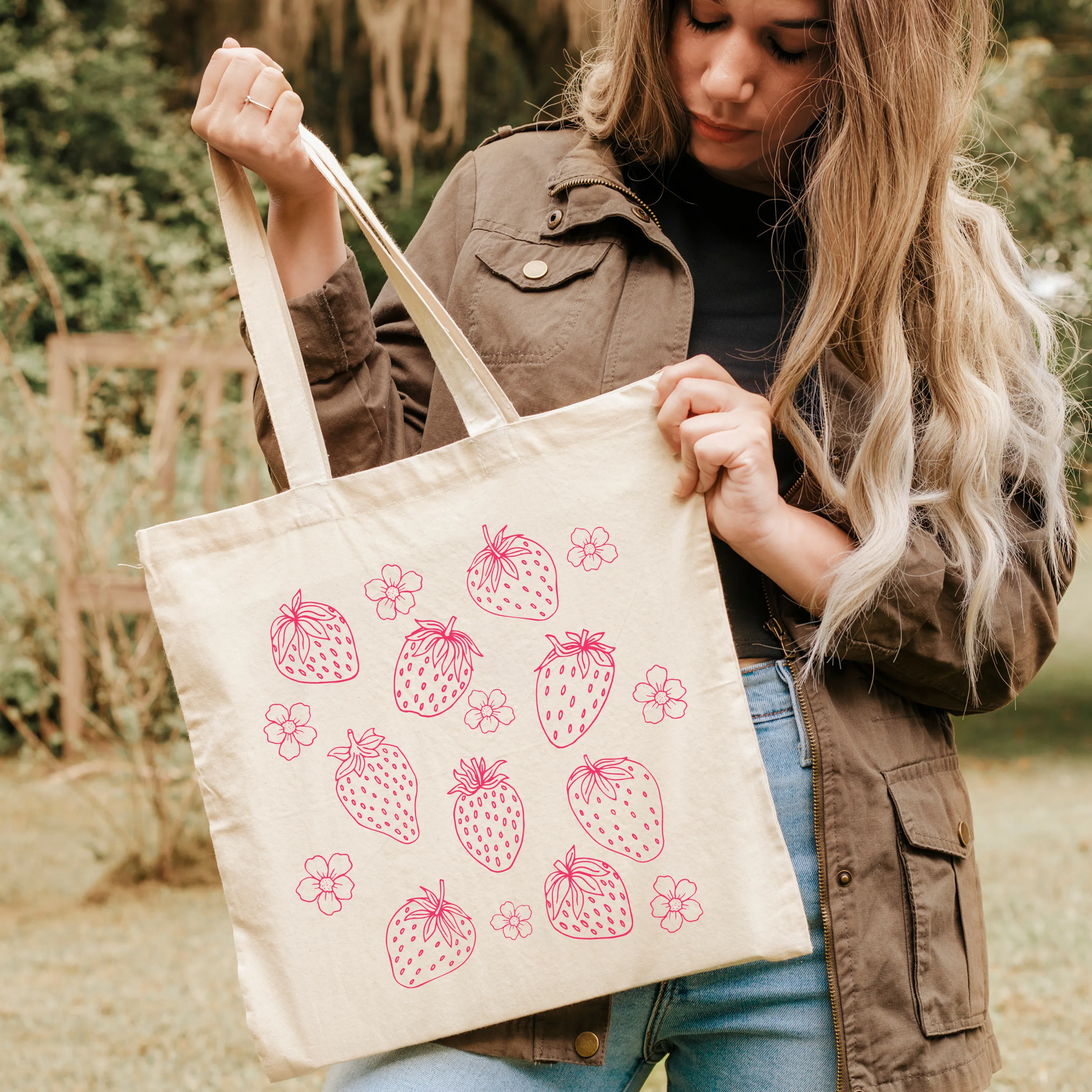 Cottagecore Strawberry Natural Canvas Cotton Tote Bag