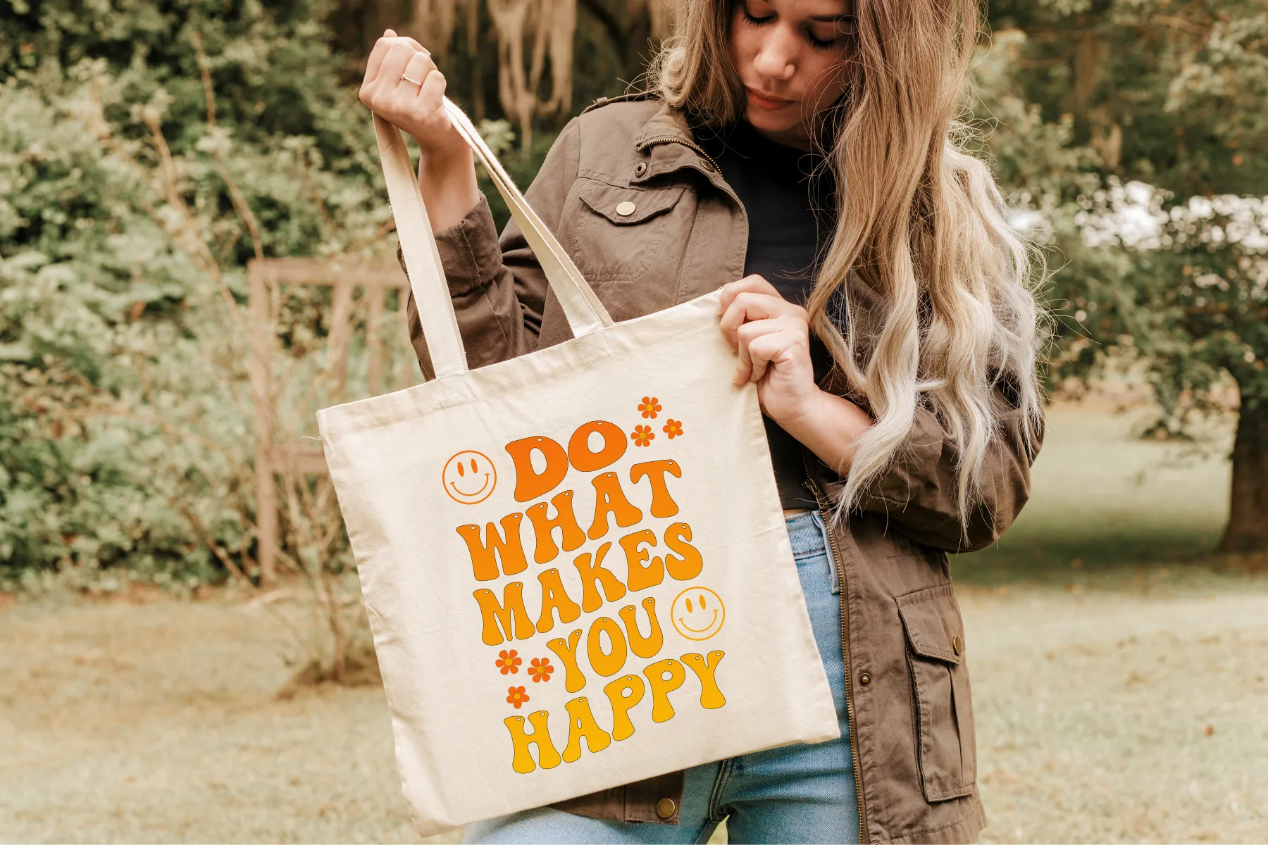 Do What Makes You Happy Retro Wavy Text Smiley Face Canvas Tote Bag