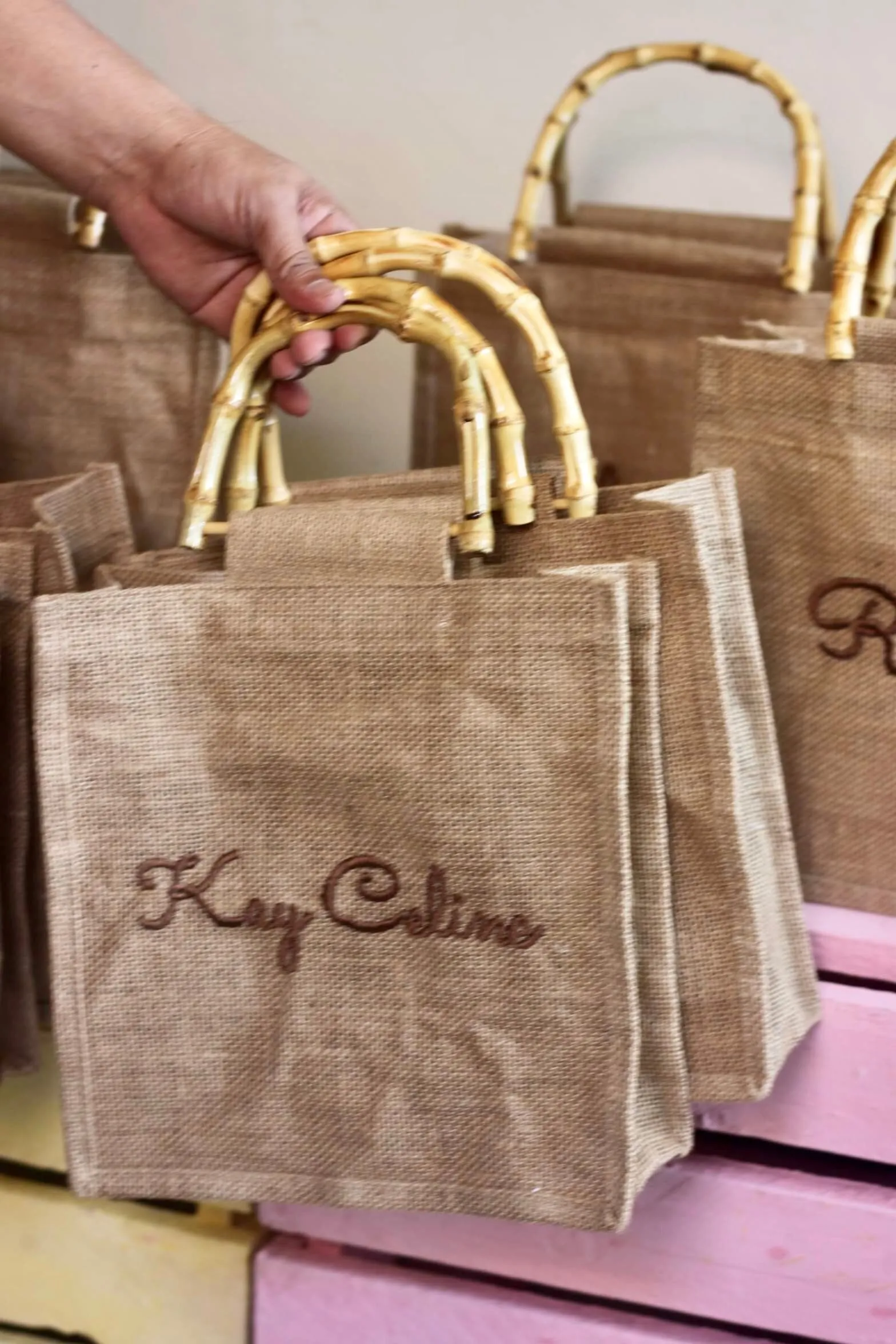 Embroidered Jute Bamboo Tote