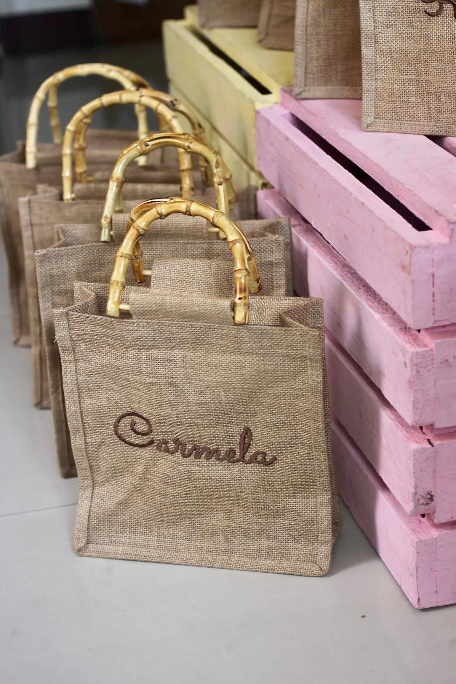 Embroidered Jute Bamboo Tote
