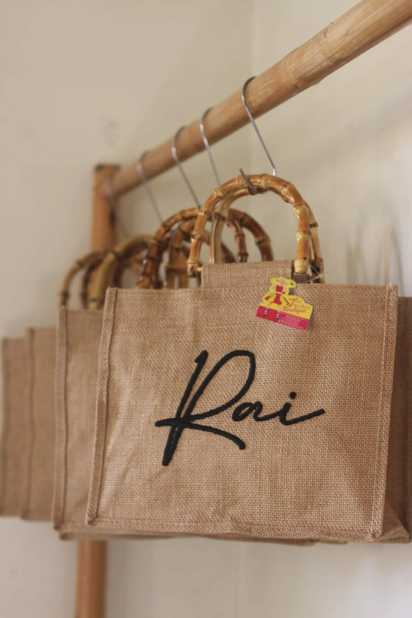 Embroidered Jute Bamboo Tote