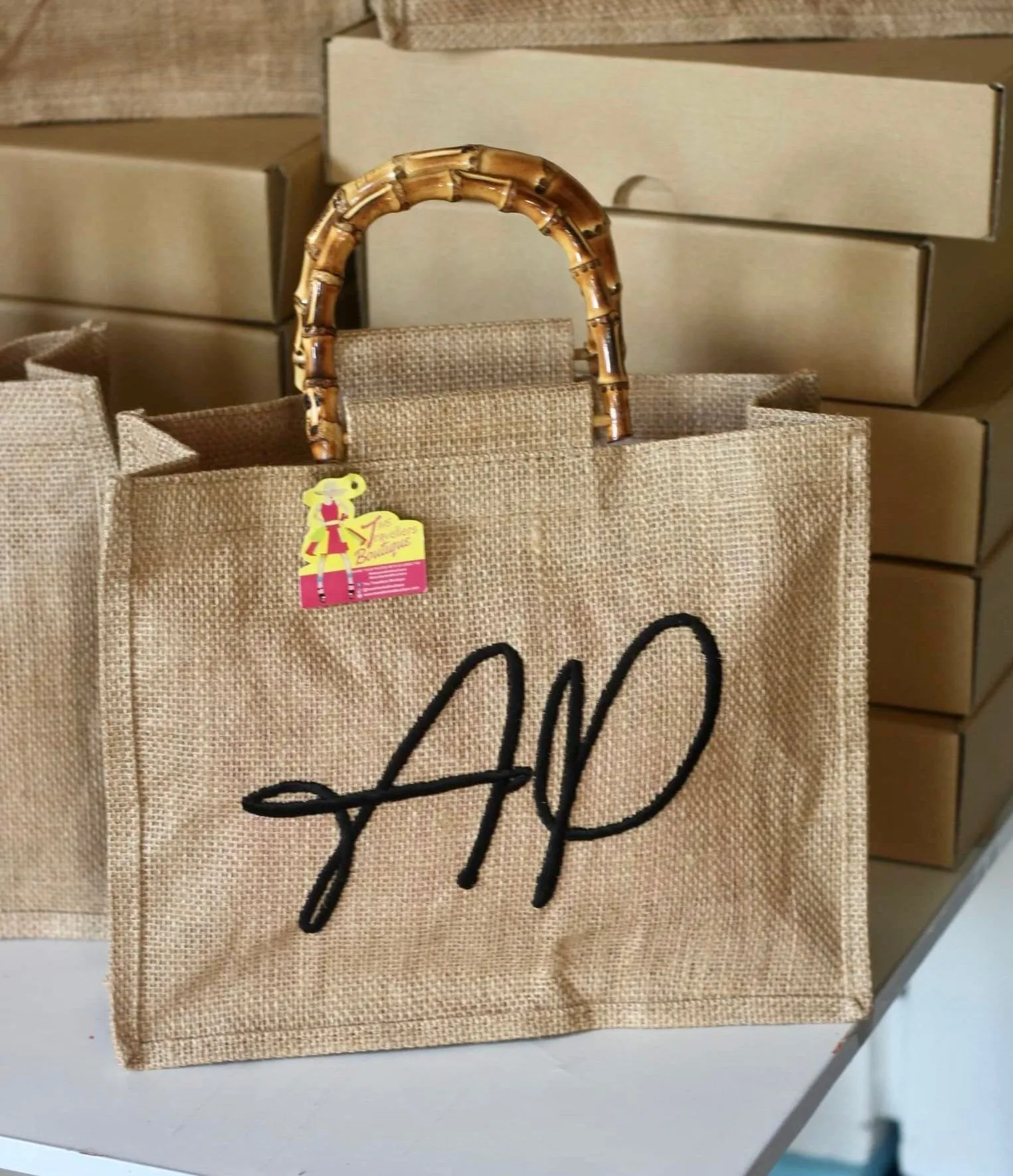 Embroidered Jute Bamboo Tote