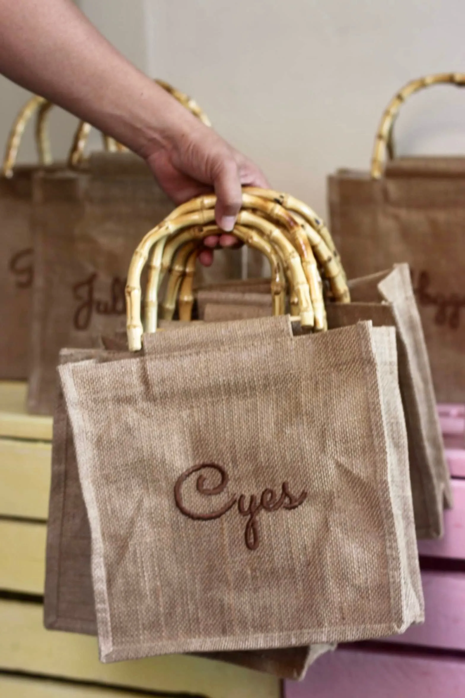 Embroidered Jute Bamboo Tote