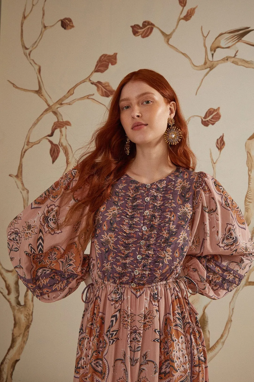 Glam Tapestry Burgundy Long Sleeve Maxi Dress