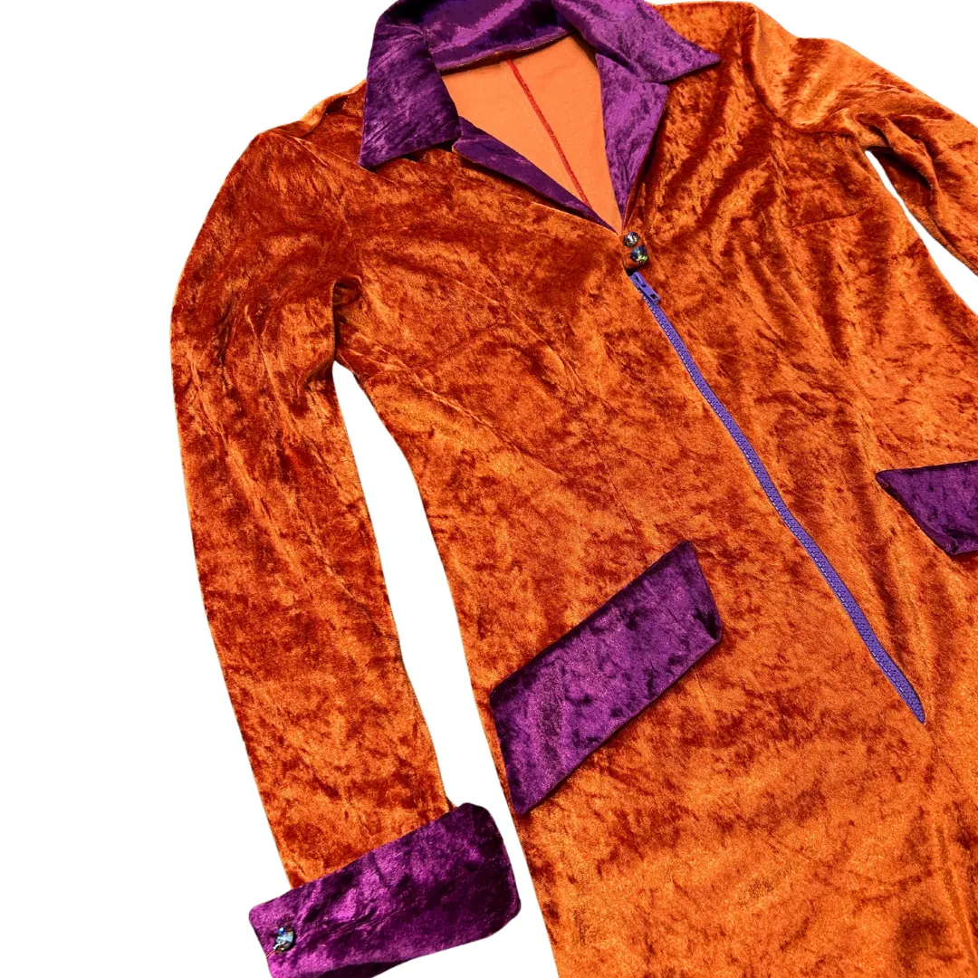 Handmade 70’s Orange & Purple Velvet, Disco Glam Jumpsuit