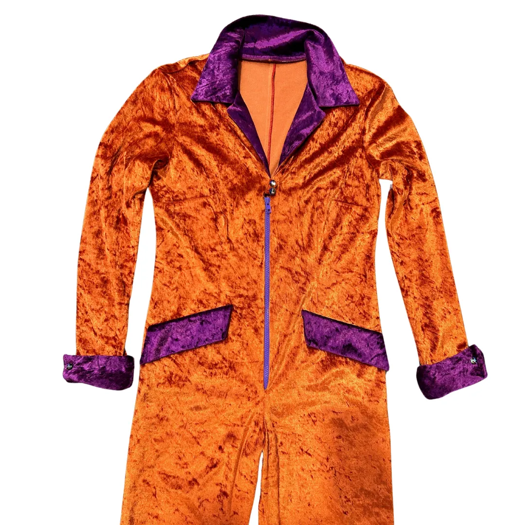 Handmade 70’s Orange & Purple Velvet, Disco Glam Jumpsuit
