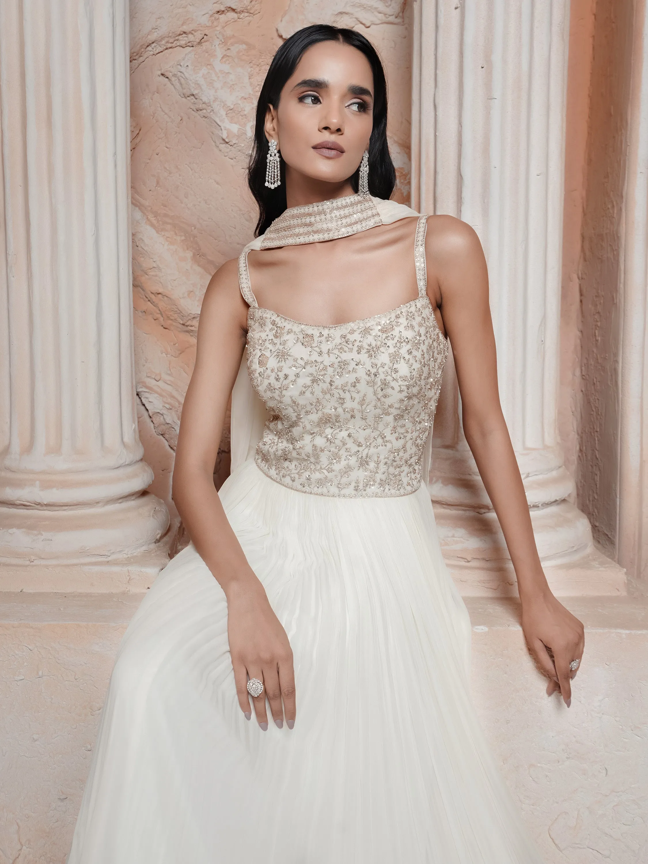 Ivory Embroidered Gown With Stole
