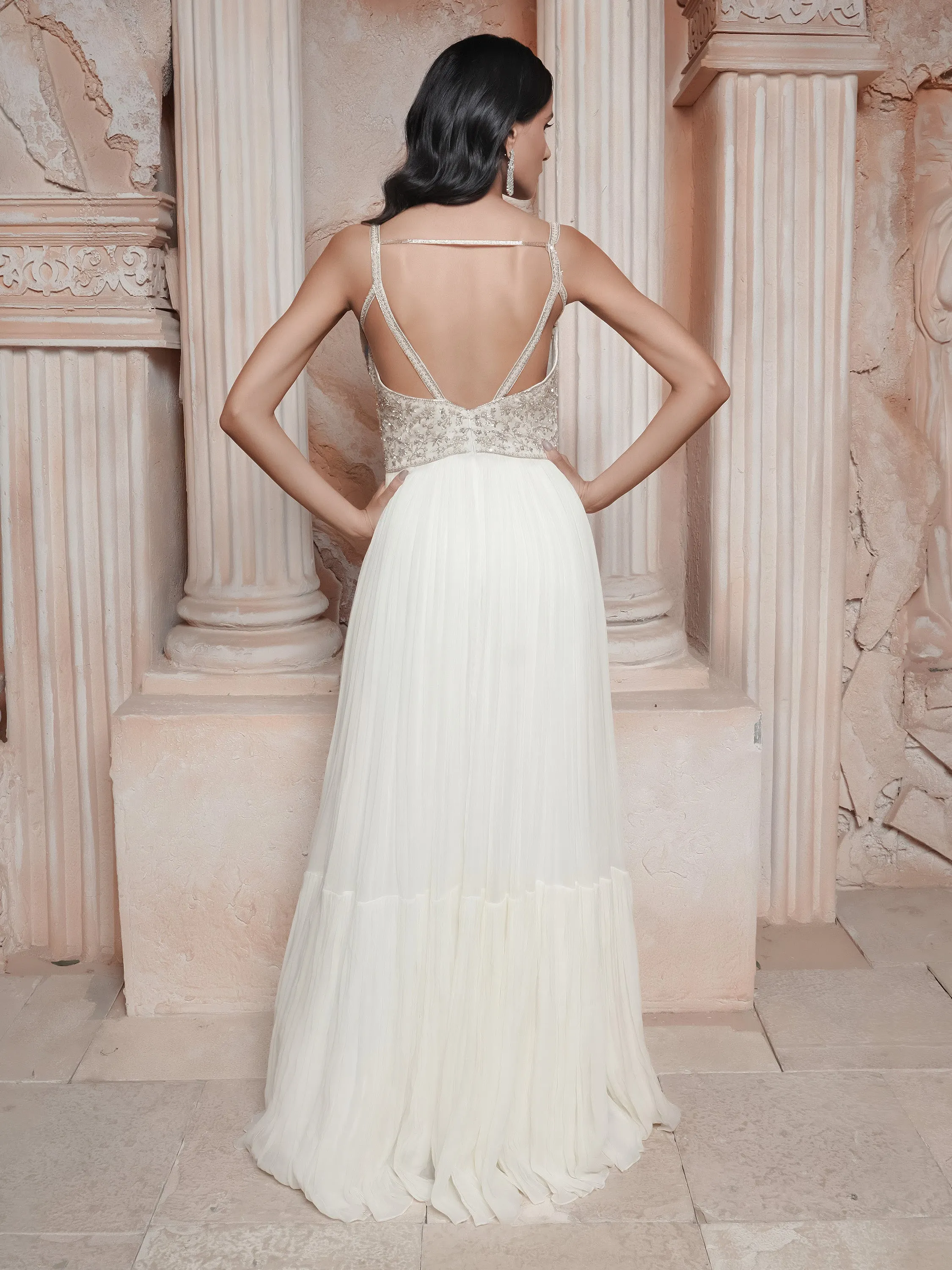 Ivory Embroidered Gown With Stole
