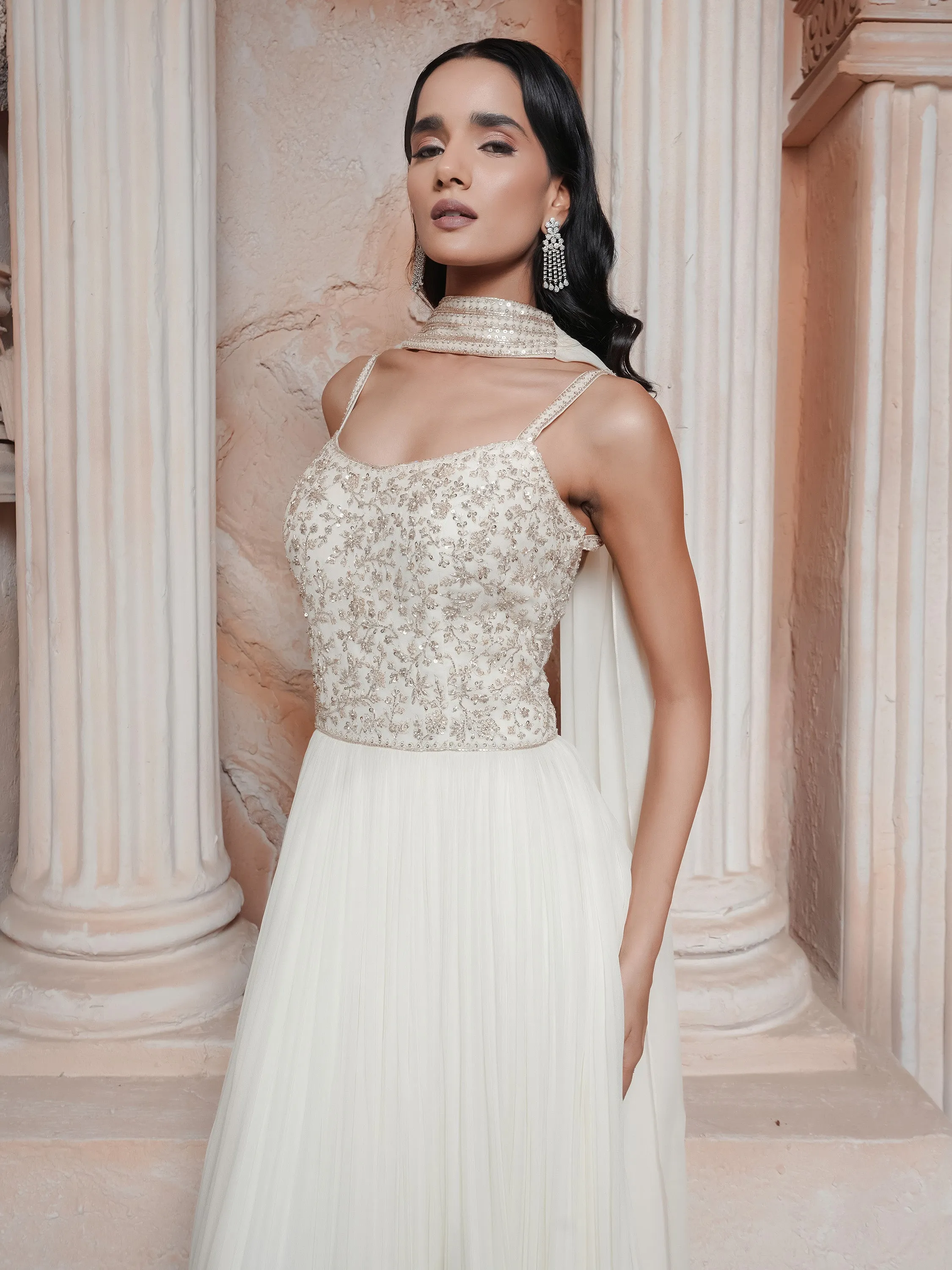 Ivory Embroidered Gown With Stole