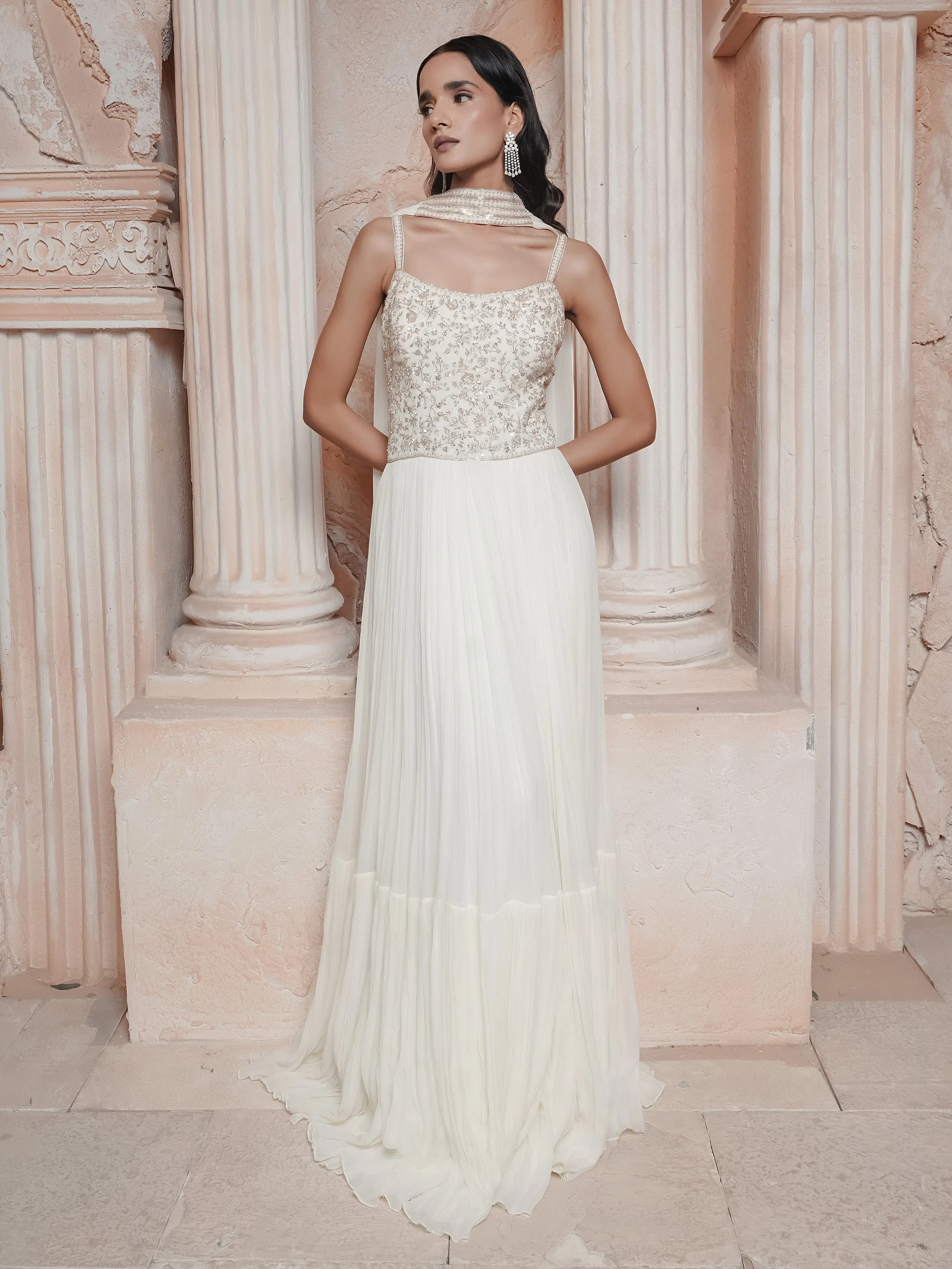 Ivory Embroidered Gown With Stole