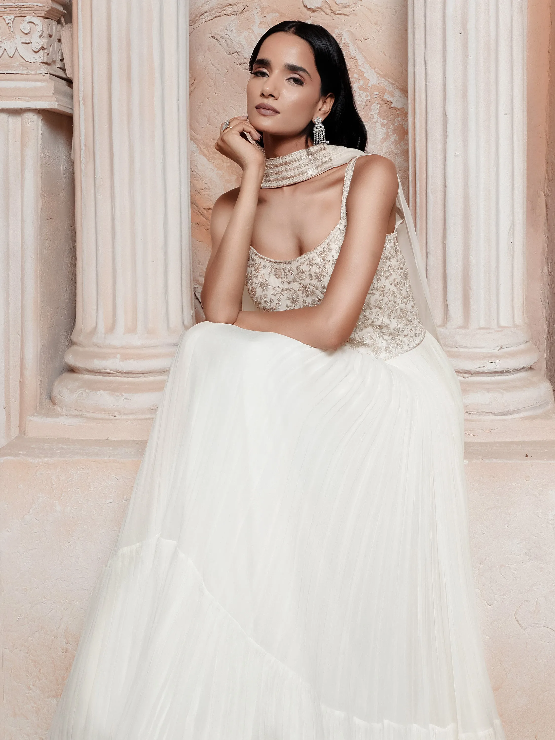 Ivory Embroidered Gown With Stole