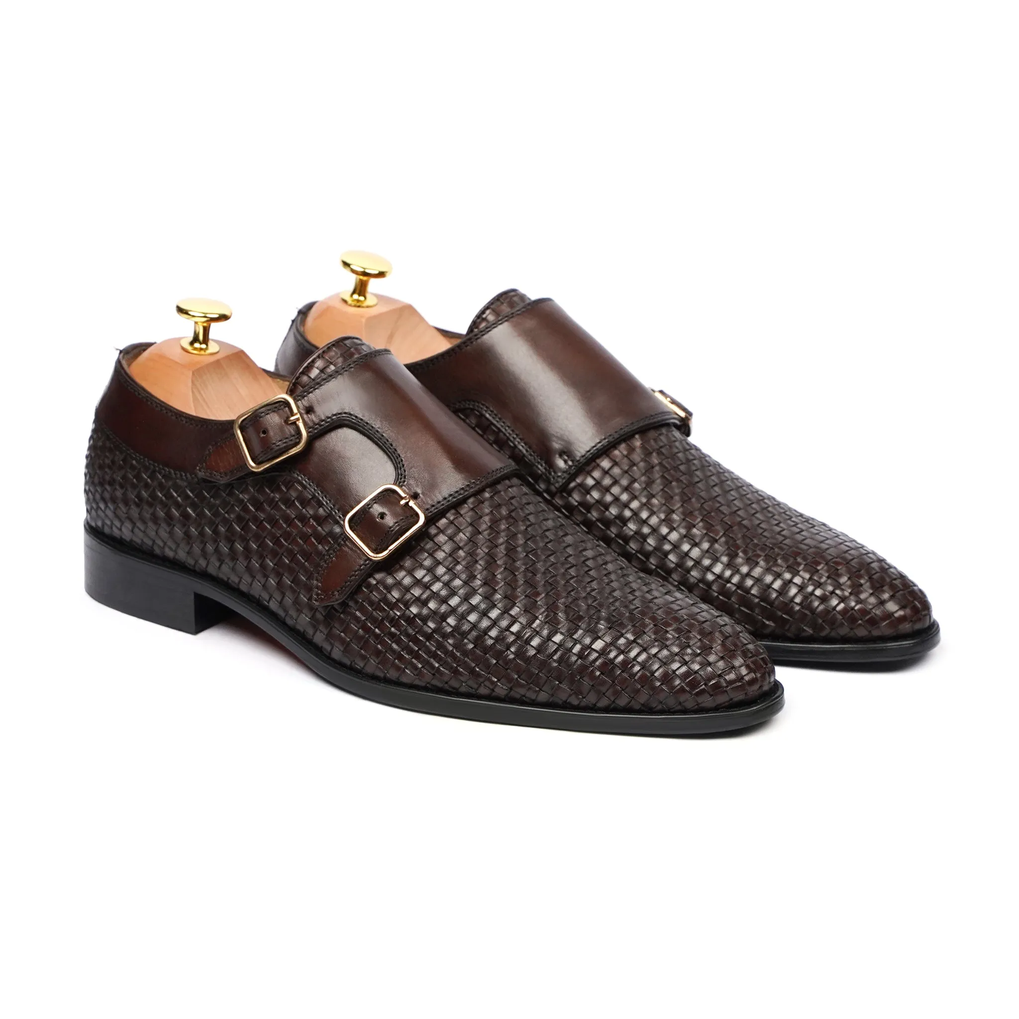 Leona - Men's Dark Brown Hand Woven Calf Leather Double Monkstrap