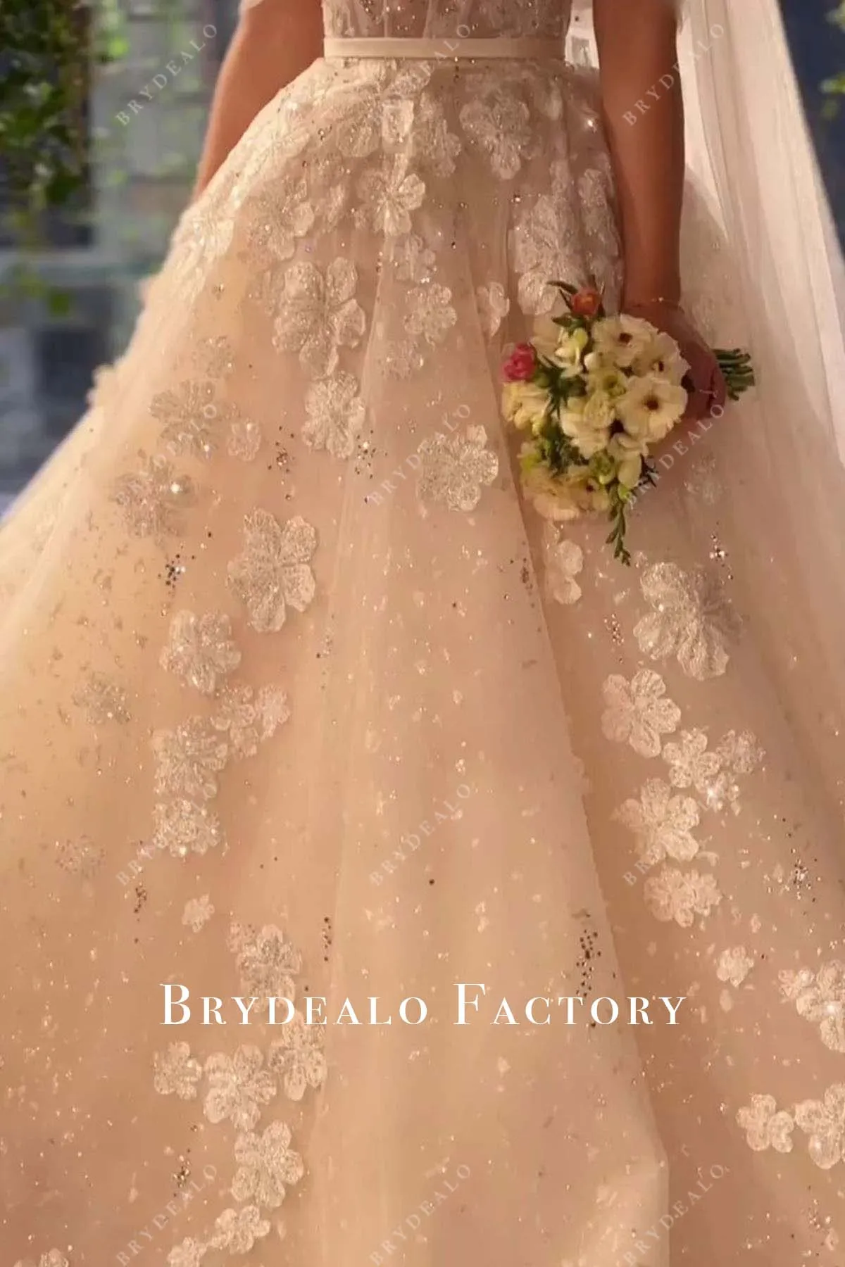 Off Shoulder Lace Shimmer Corset Long Train Wedding Ballgown