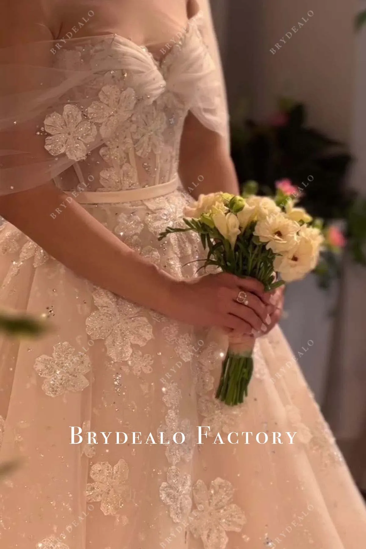 Off Shoulder Lace Shimmer Corset Long Train Wedding Ballgown