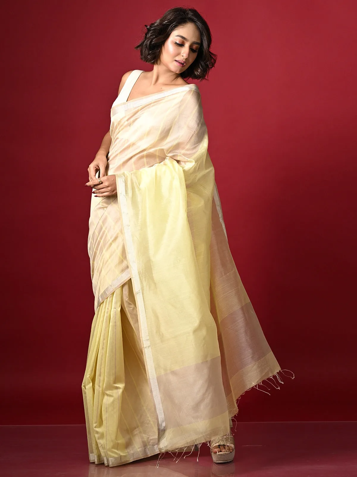 Pastel Yellow Handwoven Silk Cotton Maheshwari Saree