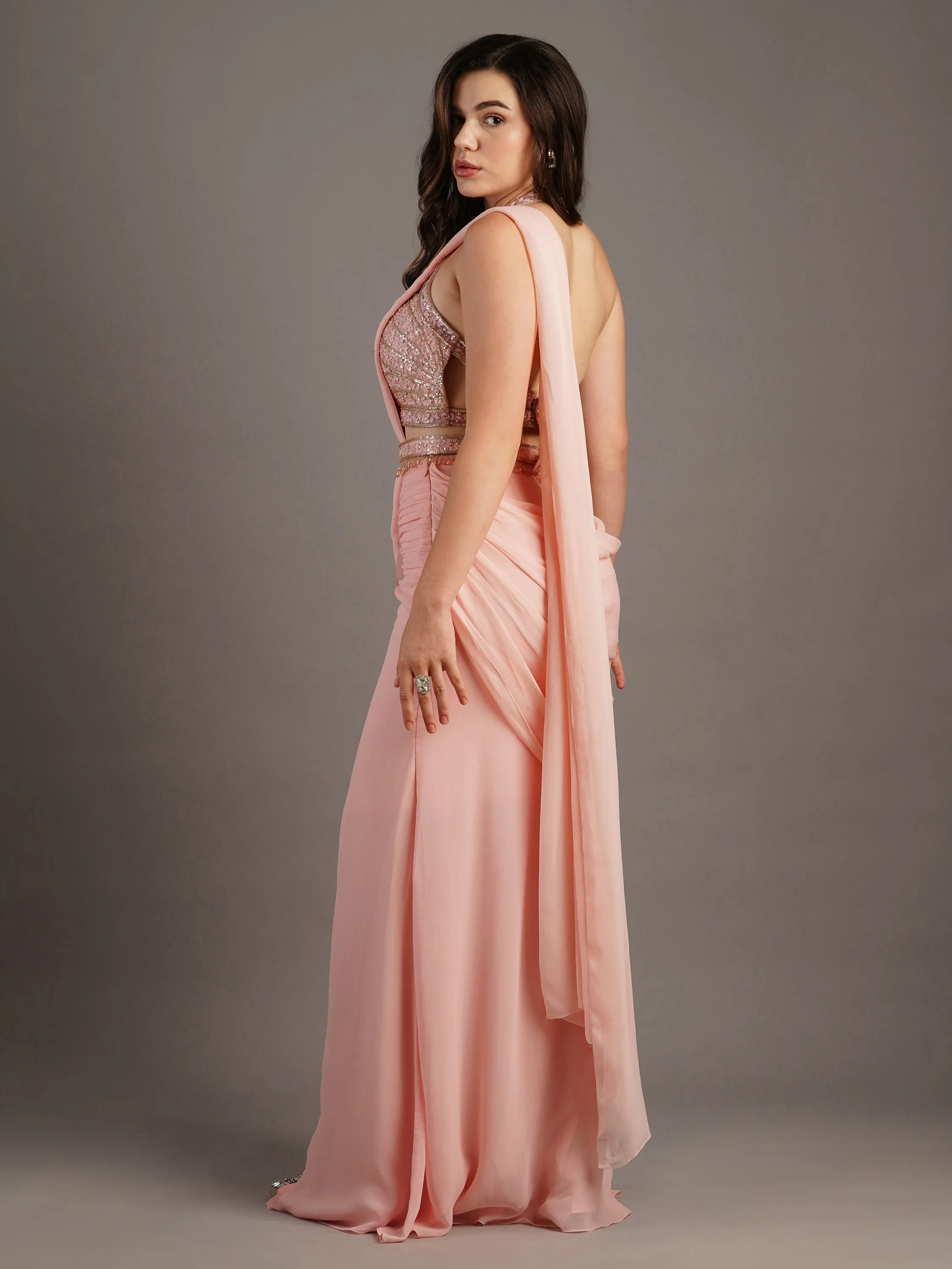 Pink Butterfly Cut Holo Emb Blouse With Side Slit Draped Saree