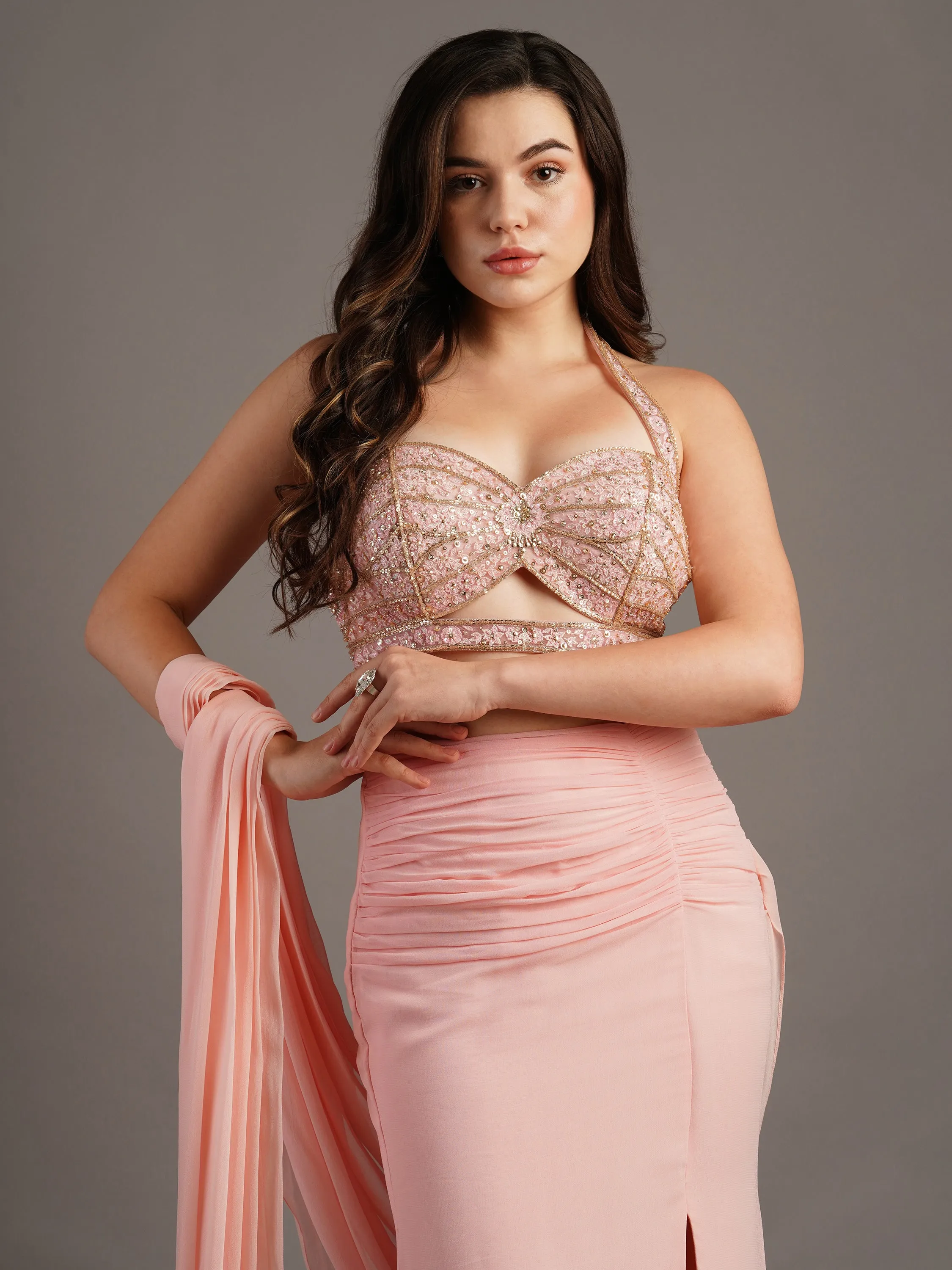Pink Butterfly Cut Holo Emb Blouse With Side Slit Draped Saree