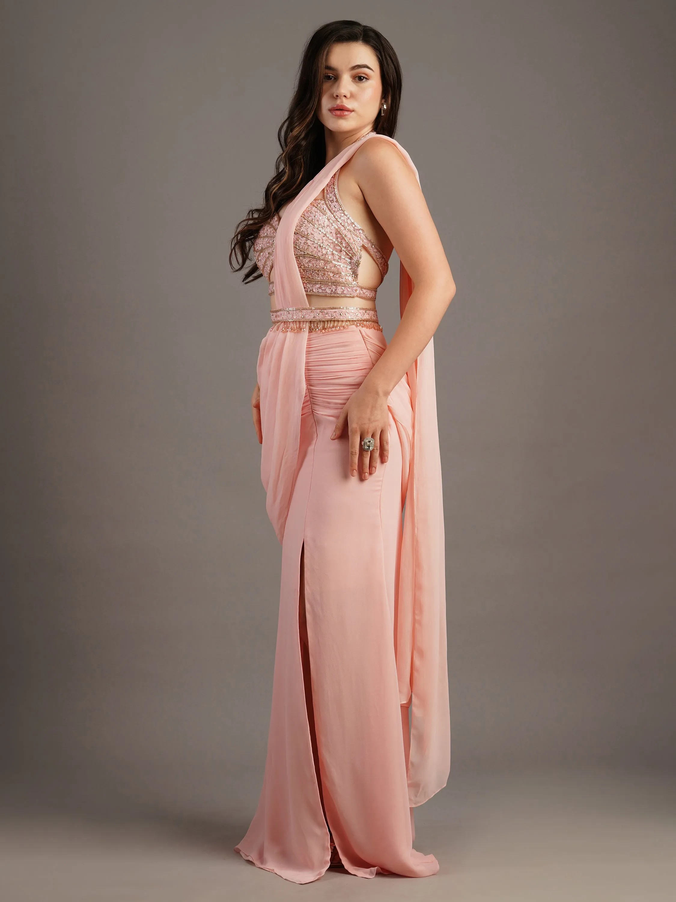 Pink Butterfly Cut Holo Emb Blouse With Side Slit Draped Saree