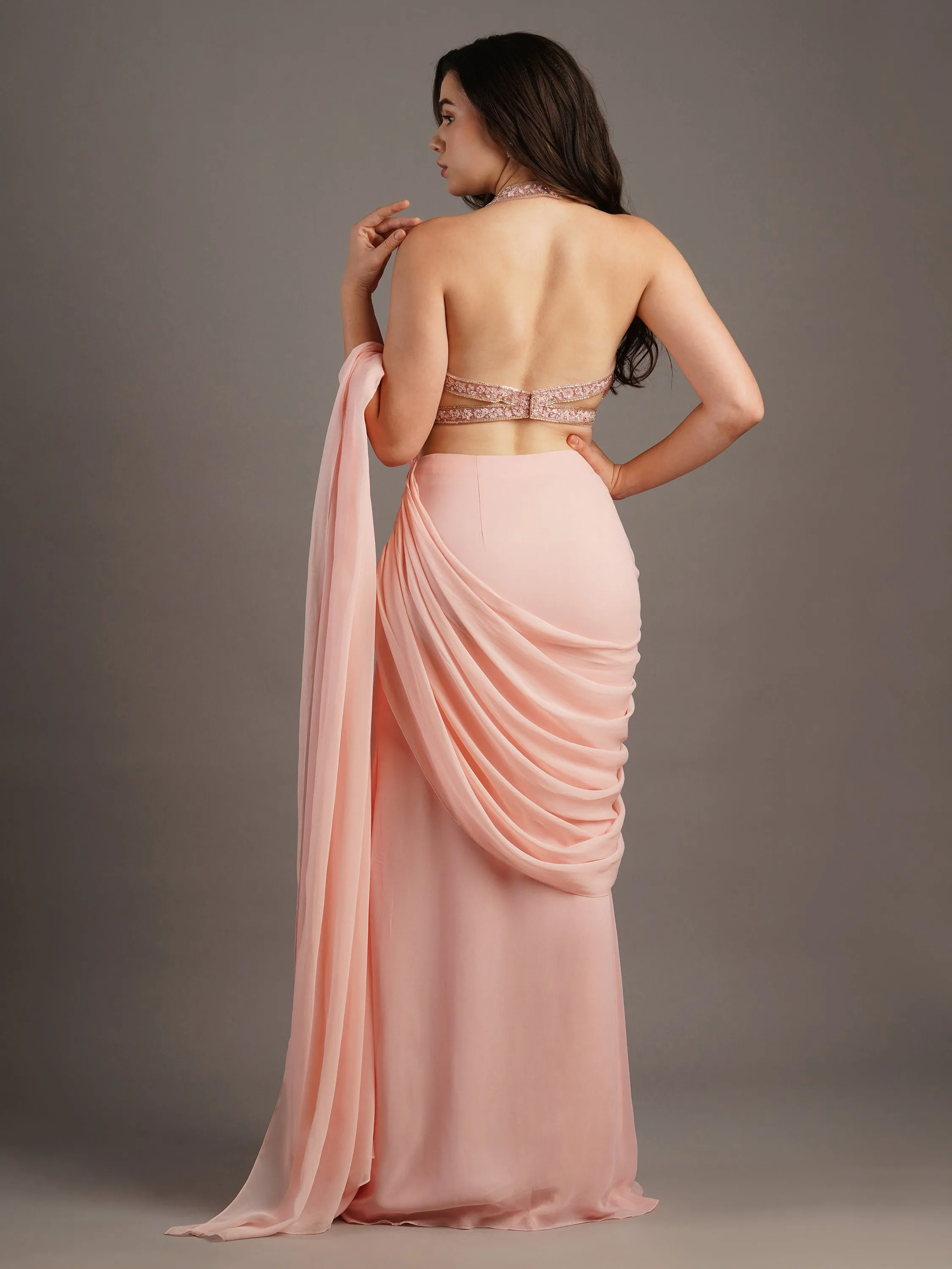 Pink Butterfly Cut Holo Emb Blouse With Side Slit Draped Saree