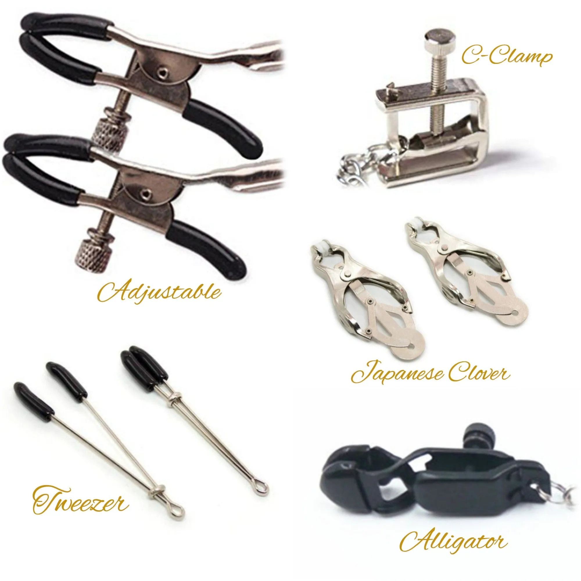 Retro Crystal Nipple Dangles and Gold Tweezer Clitoral Clamp Set