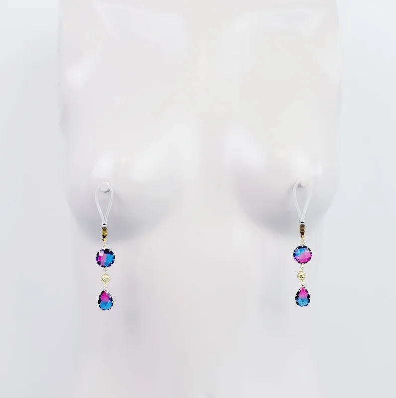Retro Crystal Nipple Dangles and Gold Tweezer Clitoral Clamp Set