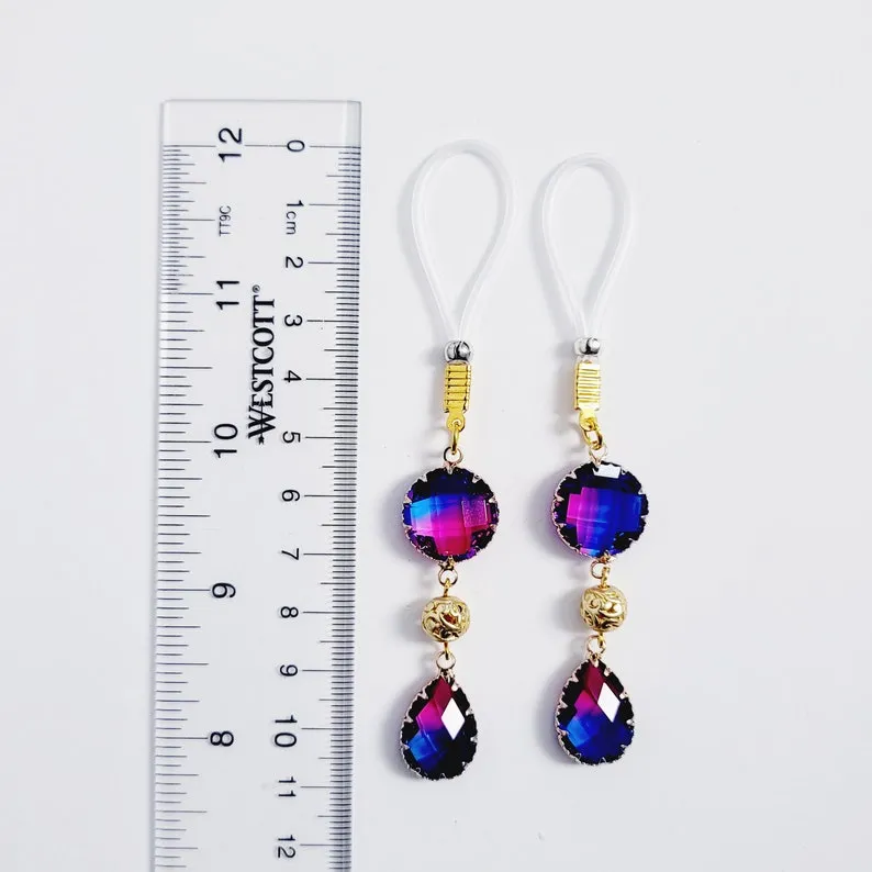 Retro Crystal Nipple Dangles and Gold Tweezer Clitoral Clamp Set