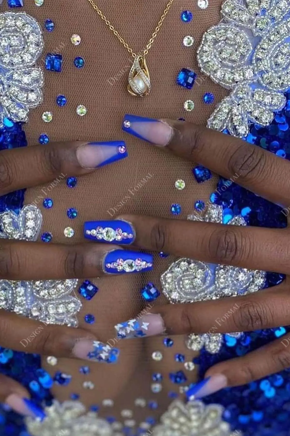 Royal Blue Sequin One Sleeve Designer Feather Mermaid Prom Dress