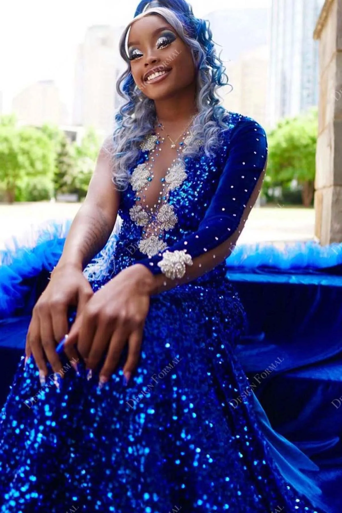 Royal Blue Sequin One Sleeve Designer Feather Mermaid Prom Dress