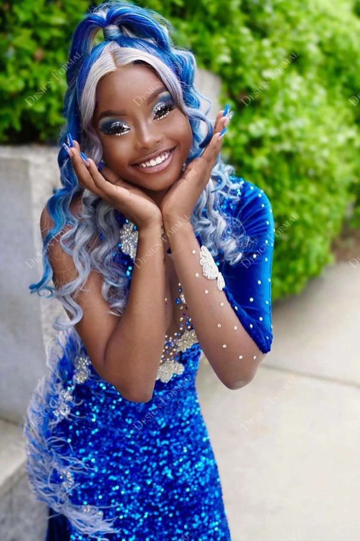 Royal Blue Sequin One Sleeve Designer Feather Mermaid Prom Dress