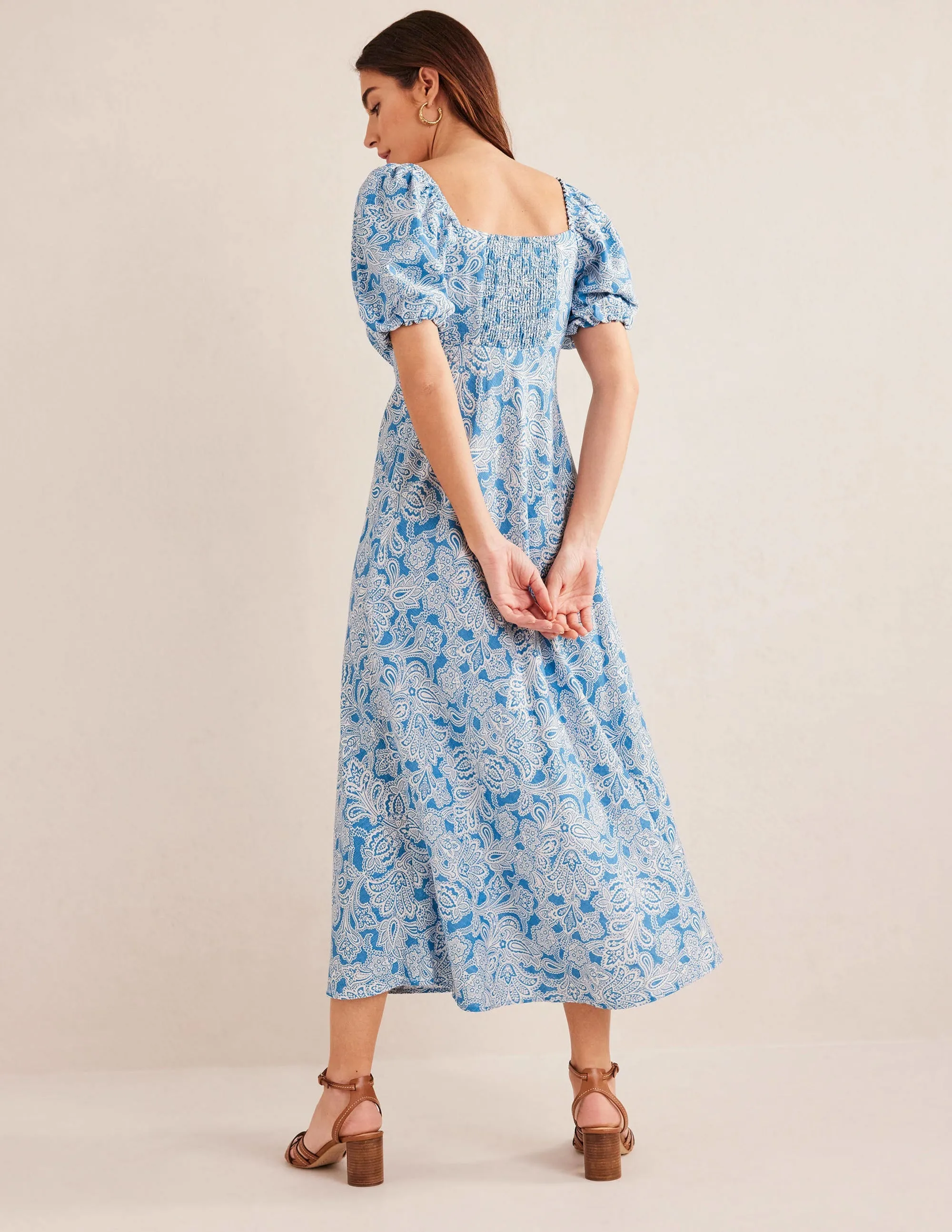 Ruched Bodice Midi Dress-Porcelain Blue, Paisley Bud