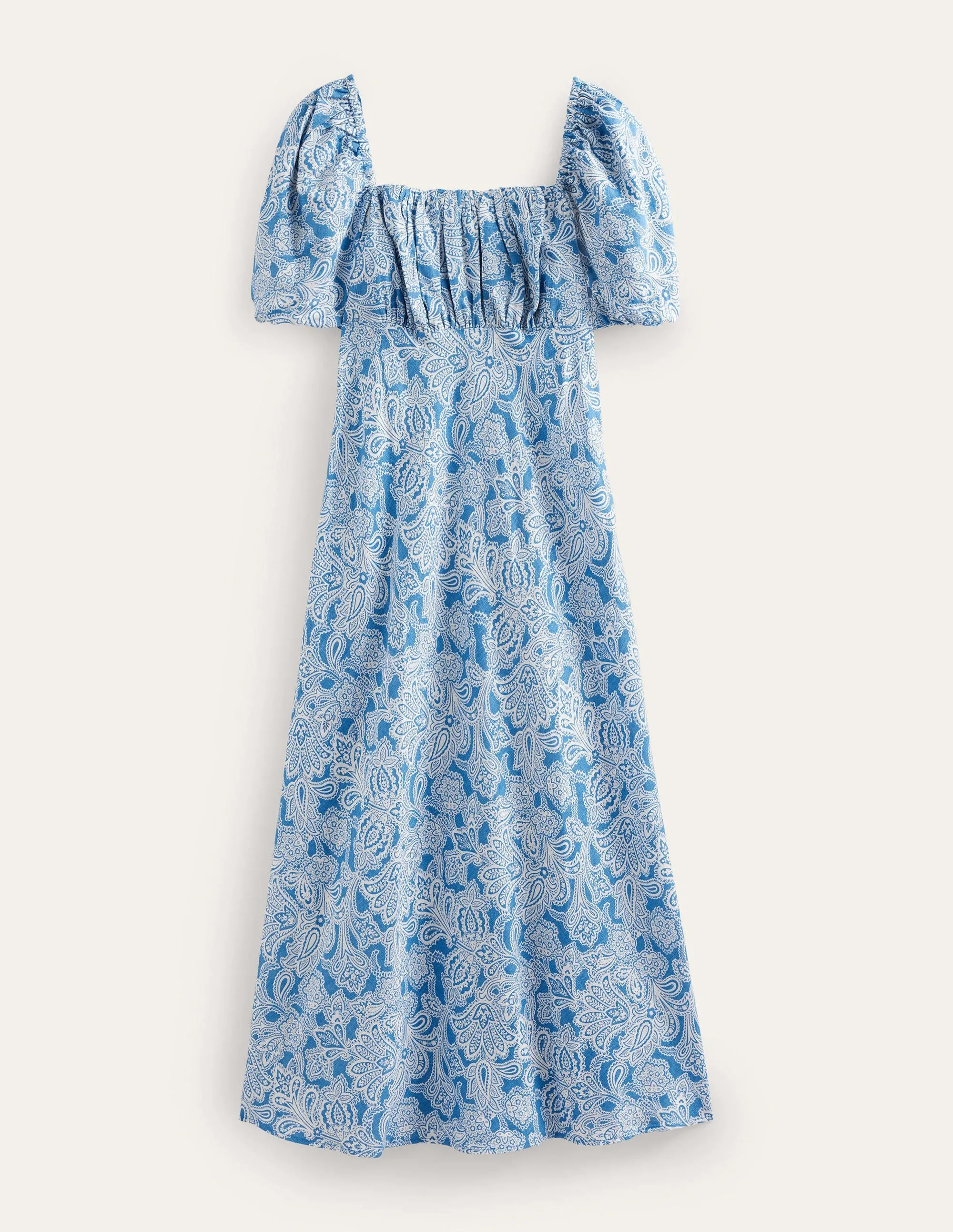 Ruched Bodice Midi Dress-Porcelain Blue, Paisley Bud