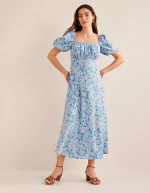 Ruched Bodice Midi Dress-Porcelain Blue, Paisley Bud
