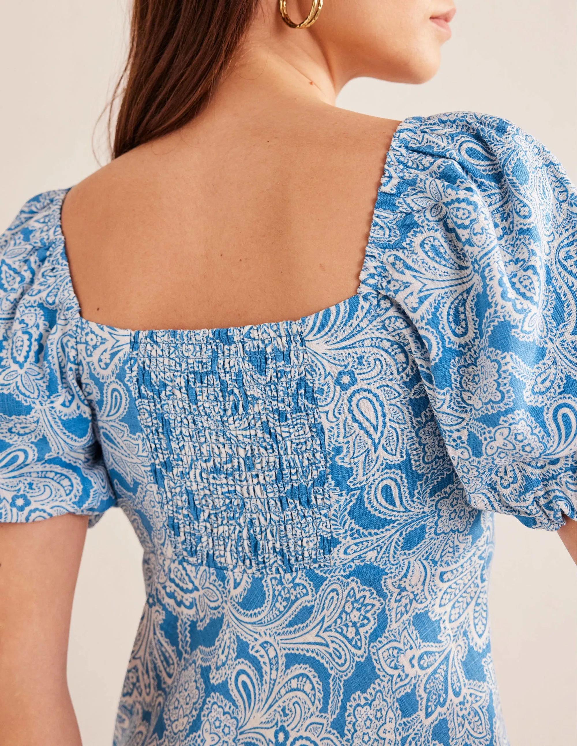 Ruched Bodice Midi Dress-Porcelain Blue, Paisley Bud