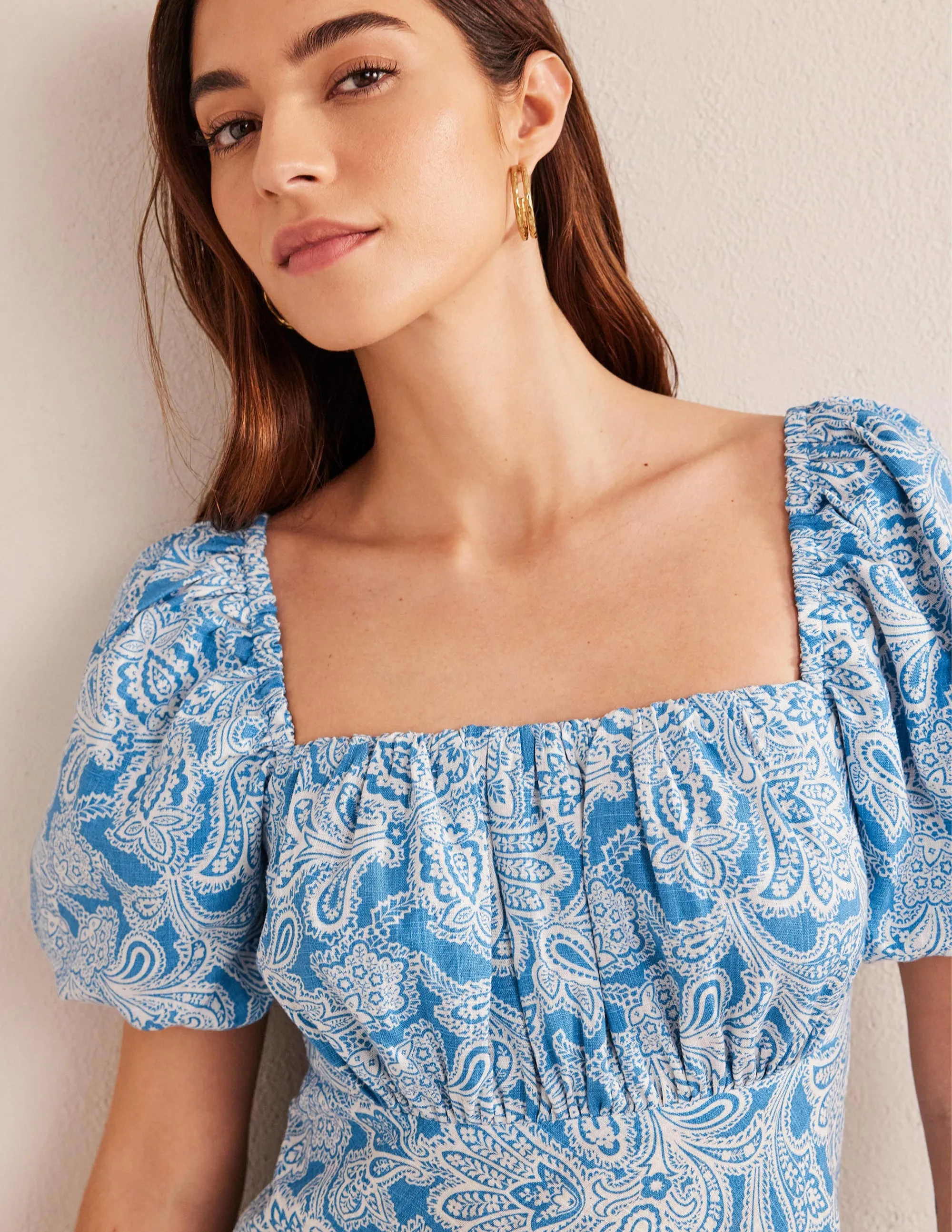Ruched Bodice Midi Dress-Porcelain Blue, Paisley Bud