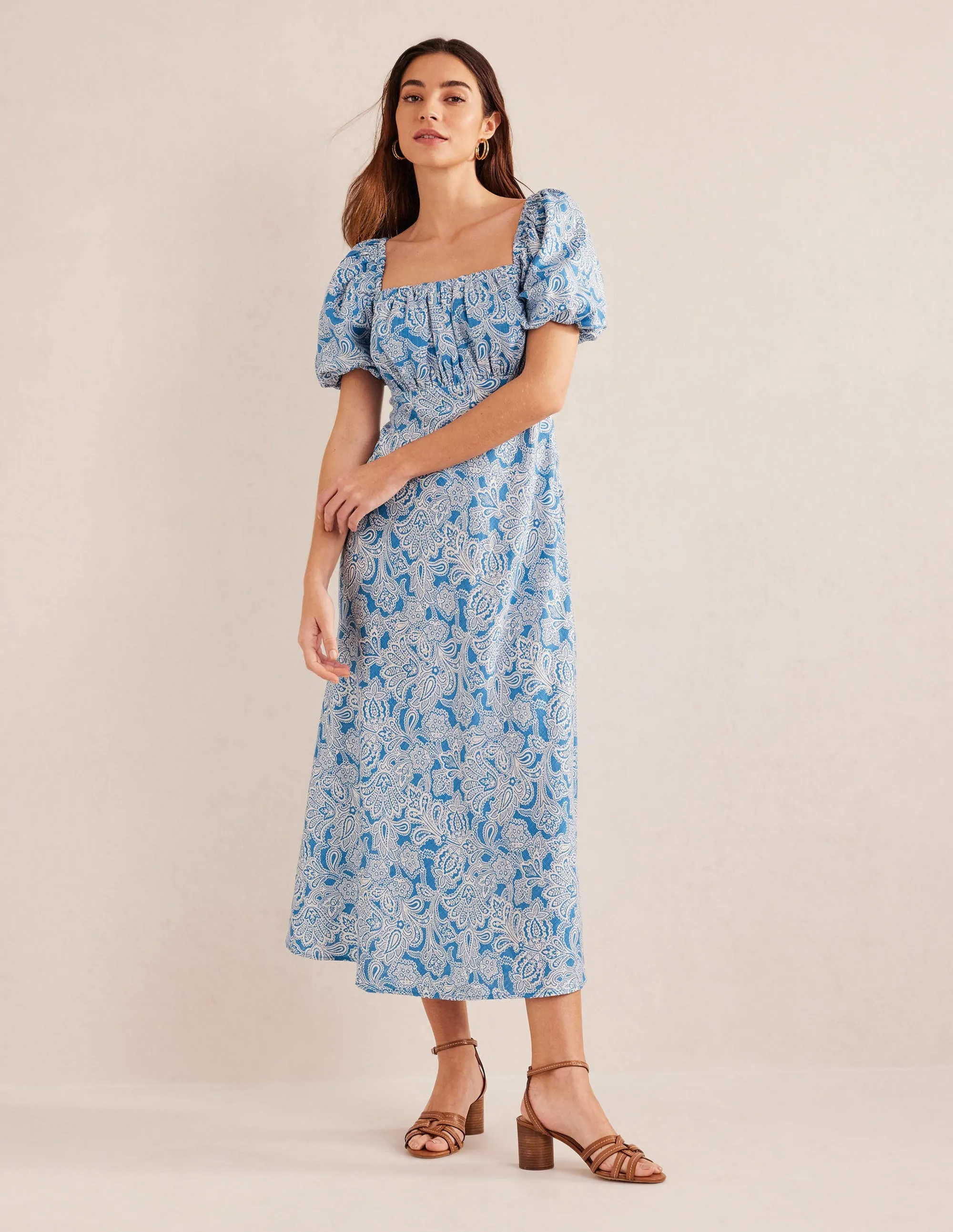 Ruched Bodice Midi Dress-Porcelain Blue, Paisley Bud